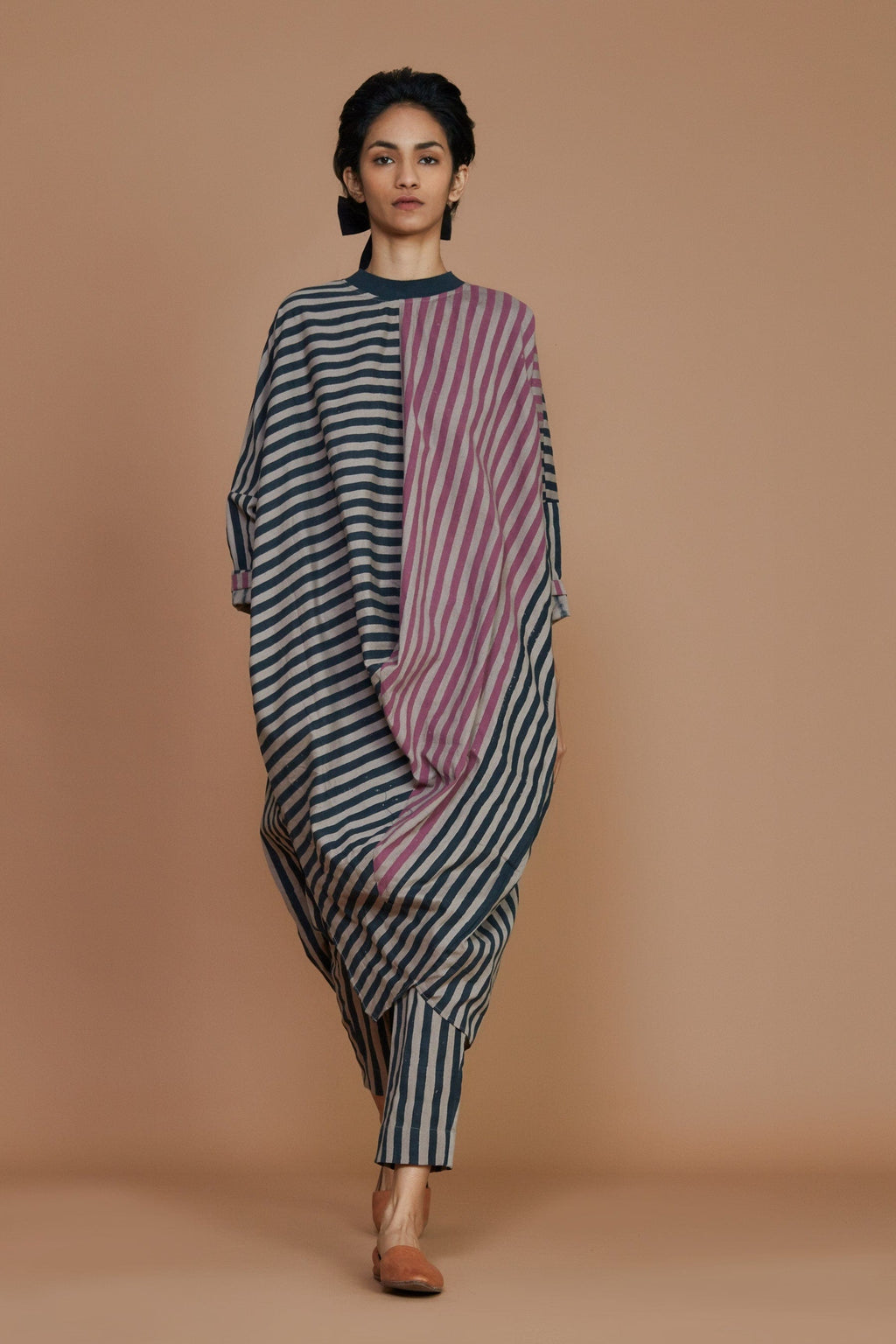 Mati Dresses Ribbed Cowl Tunic Striped Grey Dress