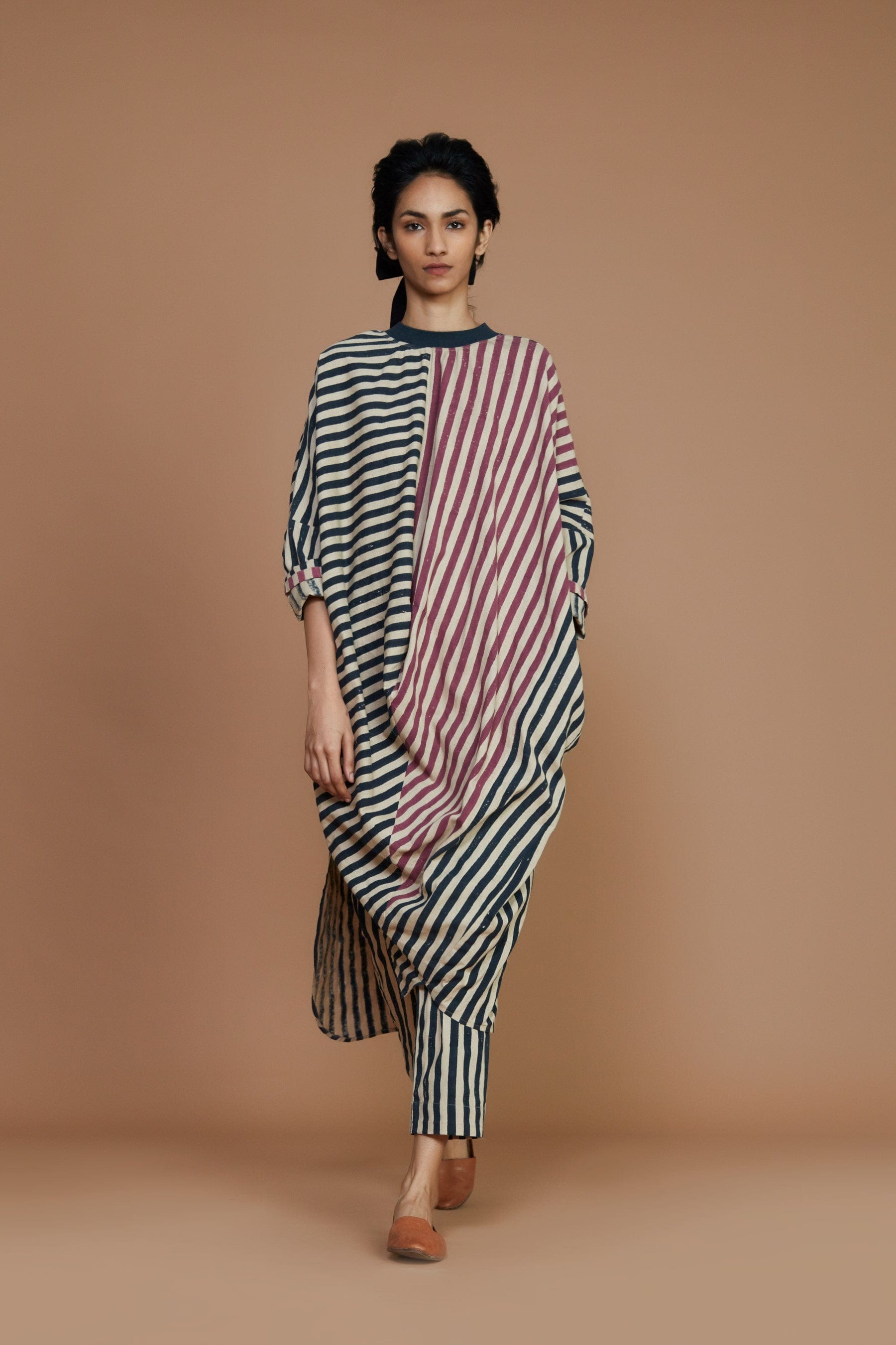 Handcrafted from Handwoven Organic Cotton, Striped Charcoal and Pink White Cowl Tunic Dress for Women by Sustainable Fashion Clothing Label MATI