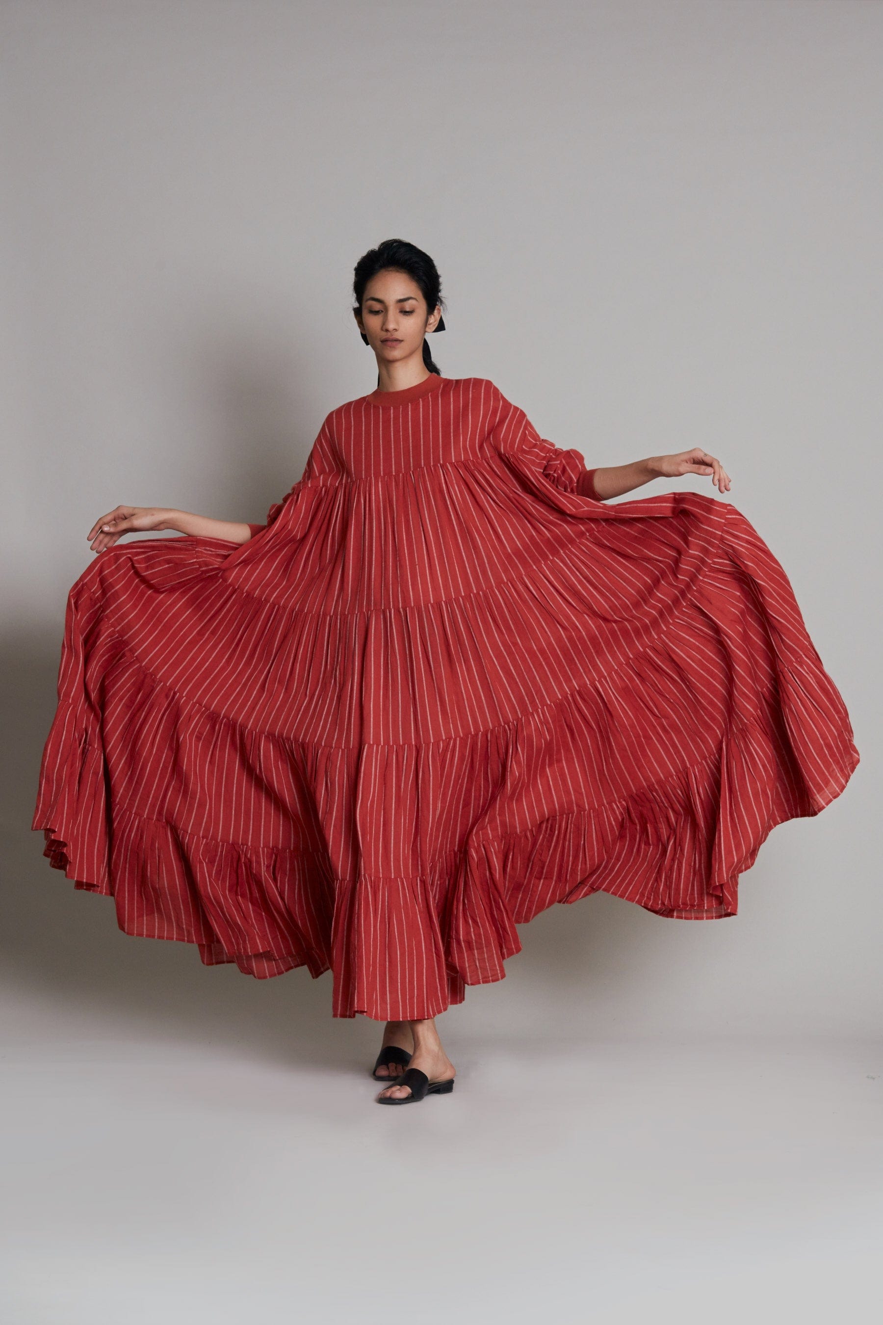 Handcrafted from Handwoven Organic Cotton, Rust Tiered Maxi Dress for Women by Sustainable Fashion Clothing Label MATI
