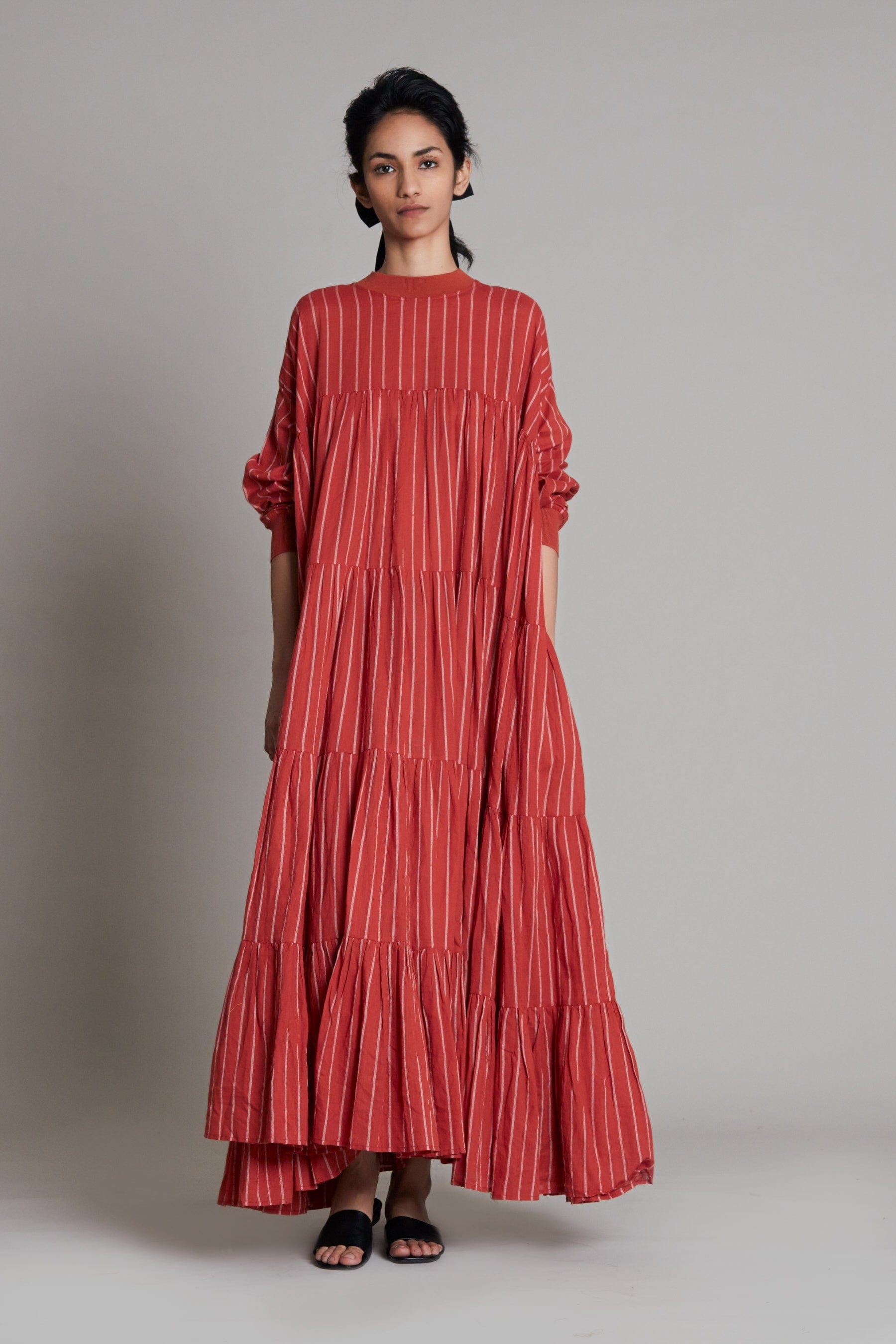 Handcrafted from Handwoven Organic Cotton, Rust Tiered Maxi Dress for Women by Sustainable Fashion Clothing Label MATI