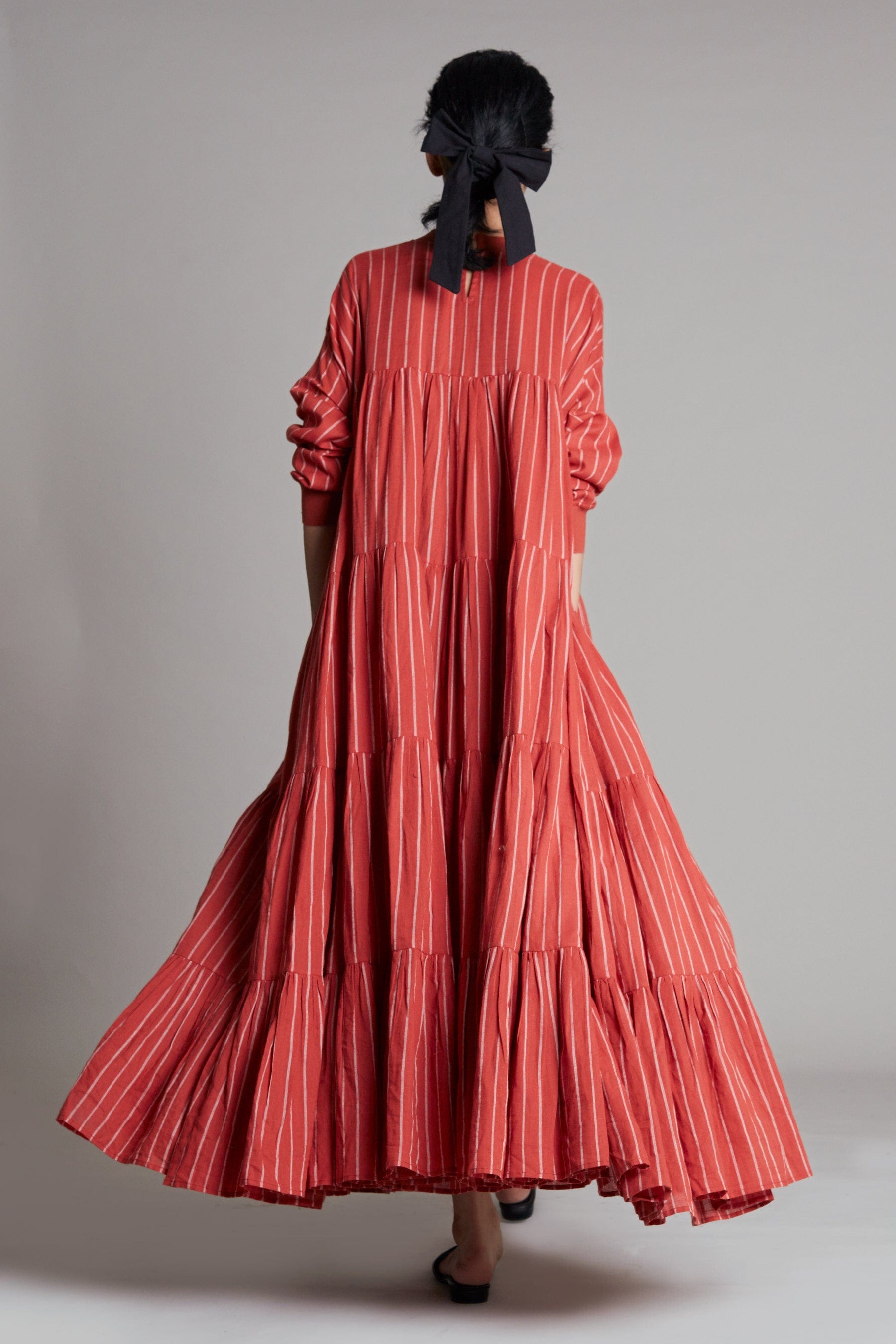 Handcrafted from Handwoven Organic Cotton, Rust Tiered Maxi Dress for Women by Sustainable Fashion Clothing Label MATI