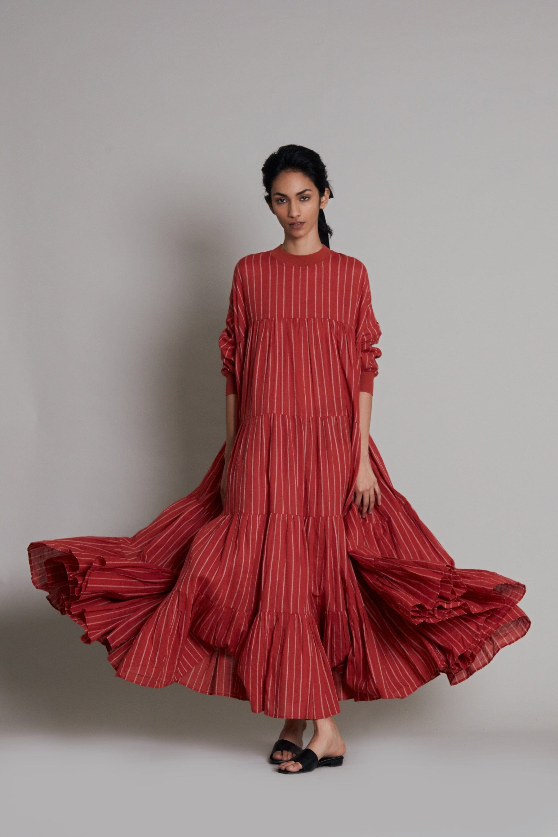 Handcrafted from Handwoven Organic Cotton, Rust Tiered Maxi Dress for Women by Sustainable Fashion Clothing Label MATI