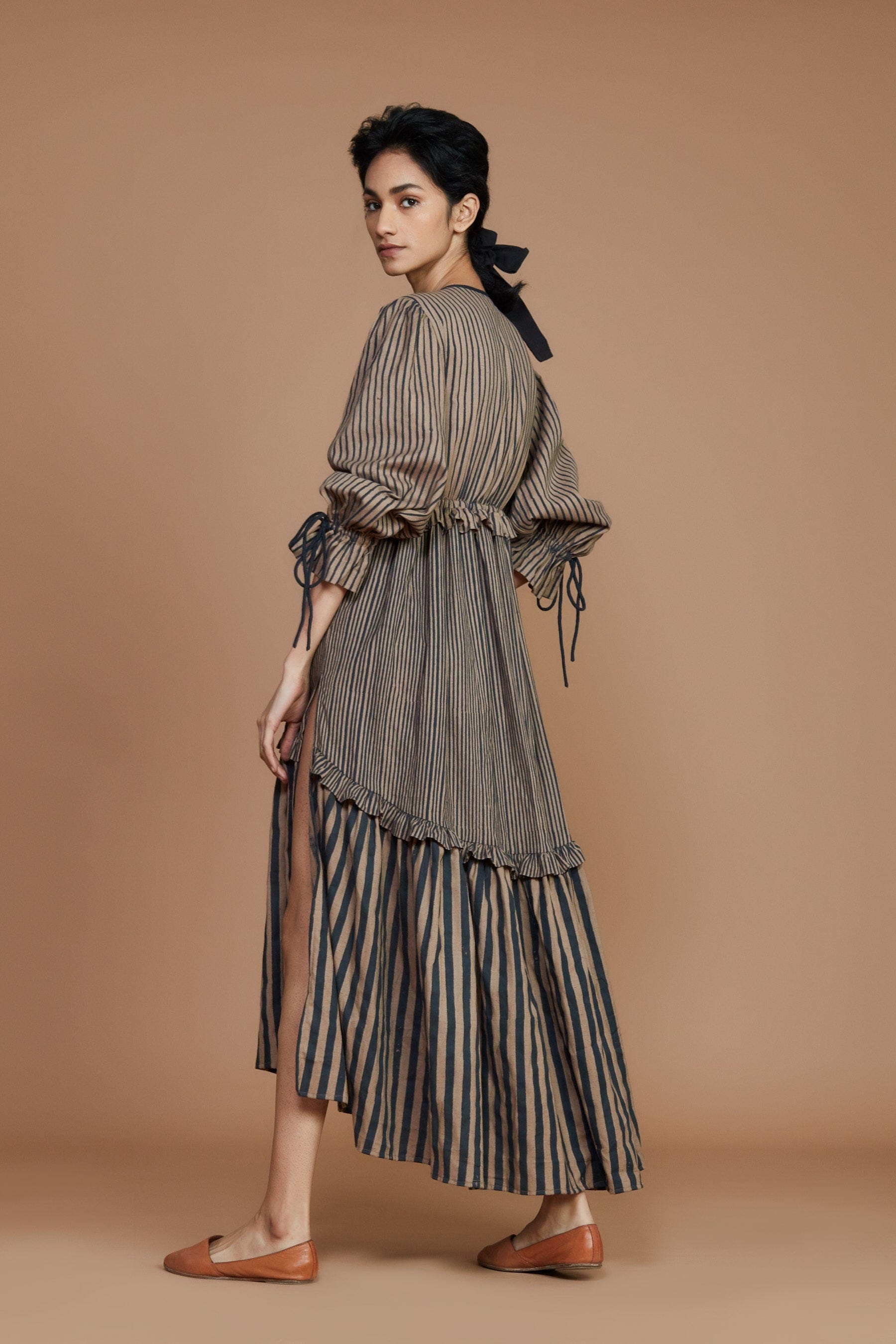 Handcrafted from Handwoven Organic Cotton, Striped Brown Frill Tiered Dress for Women by Sustainable Fashion Designer Clothing Label MATI