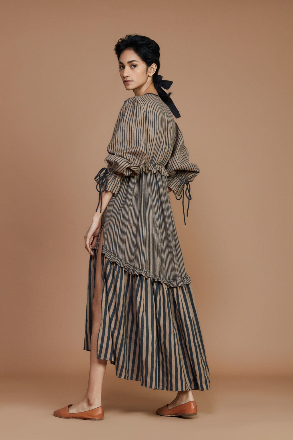 Mati Dresses Tiered Frill Brown Striped Dress