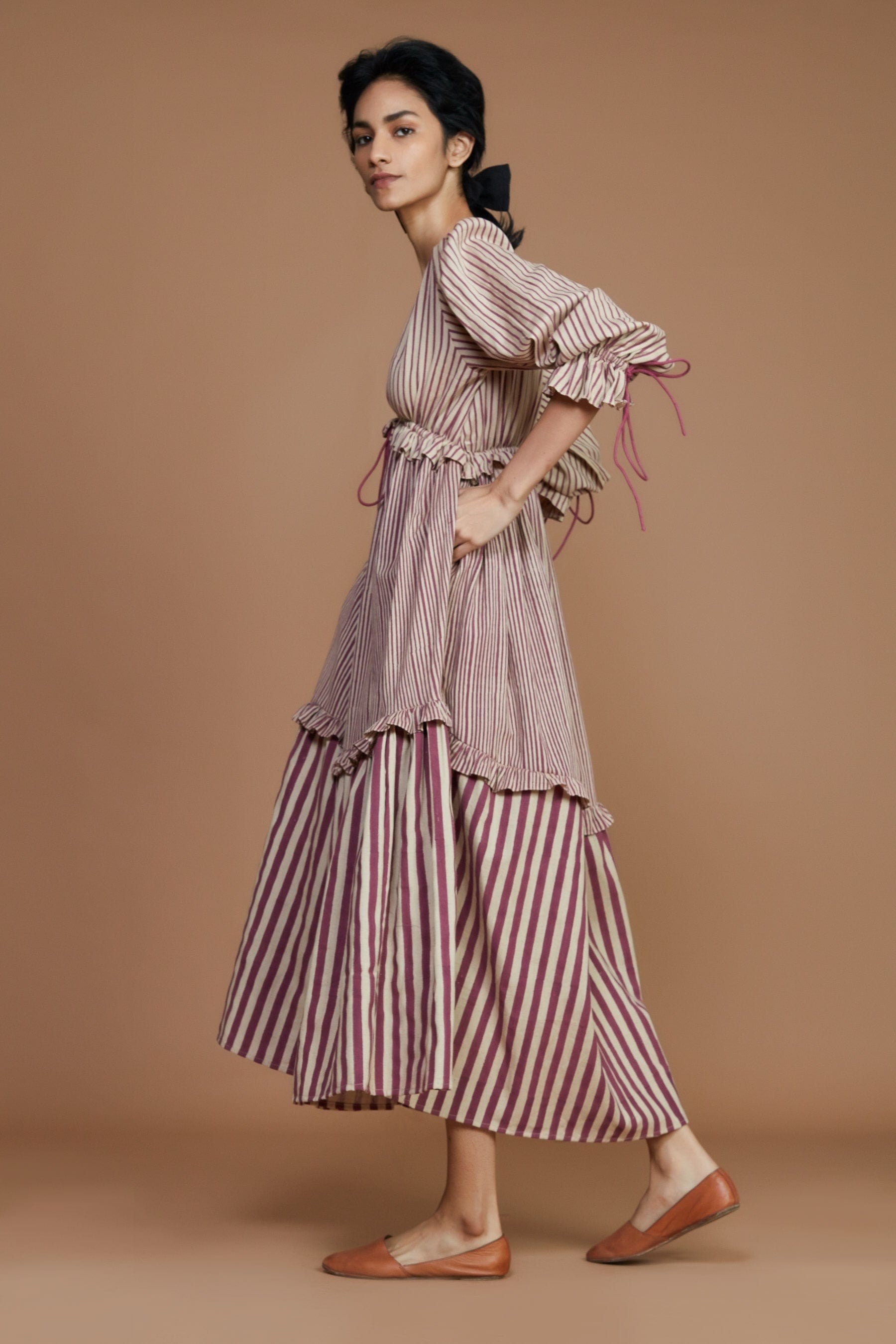 Handcrafted from Handwoven Organic Cotton, Striped Mauve Frill Tiered Dress for Women by Sustainable Fashion Designer Clothing Label MATI
