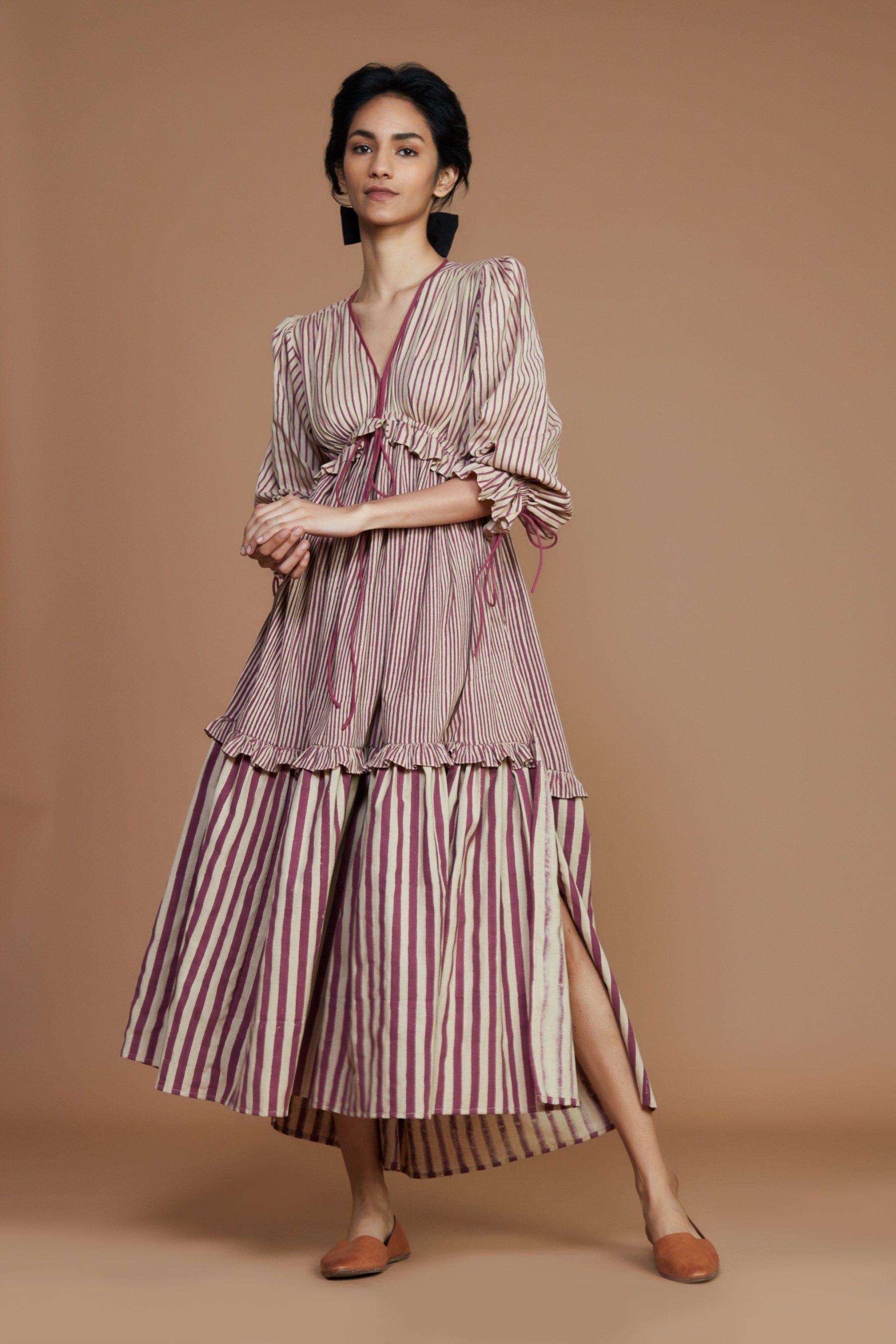 Handcrafted from Handwoven Organic Cotton, Striped Mauve Frill Tiered Dress for Women by Sustainable Fashion Designer Clothing Label MATI