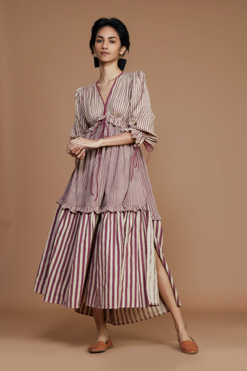 Mati Dresses Tiered Frill Mauve Striped Dress