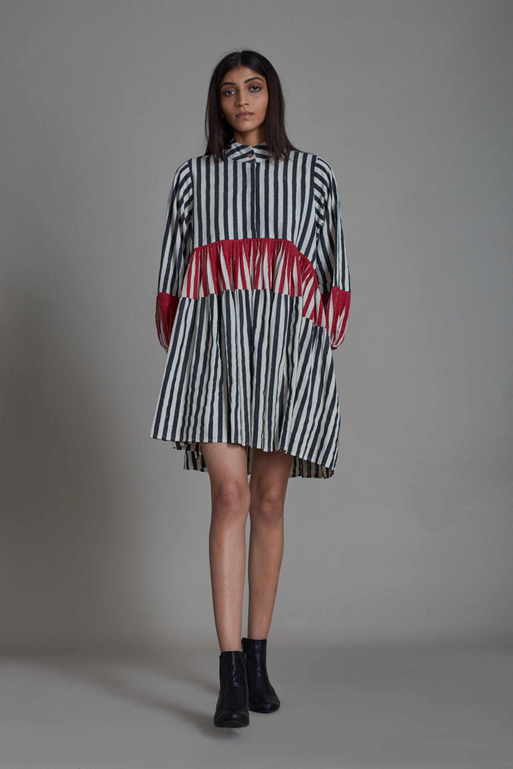 Handcrafted from Handwoven Organic Cotton Striped Black & Red Short Dress for Women by Sustainable Fashion Clothing Label MATI