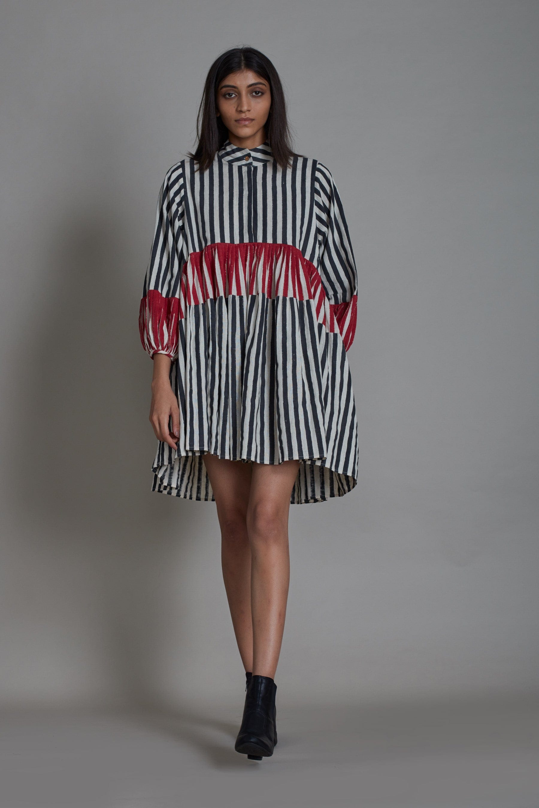 Handcrafted from Handwoven Organic Cotton Striped Black & Red Short Dress for Women by Sustainable Fashion Clothing Label MATI