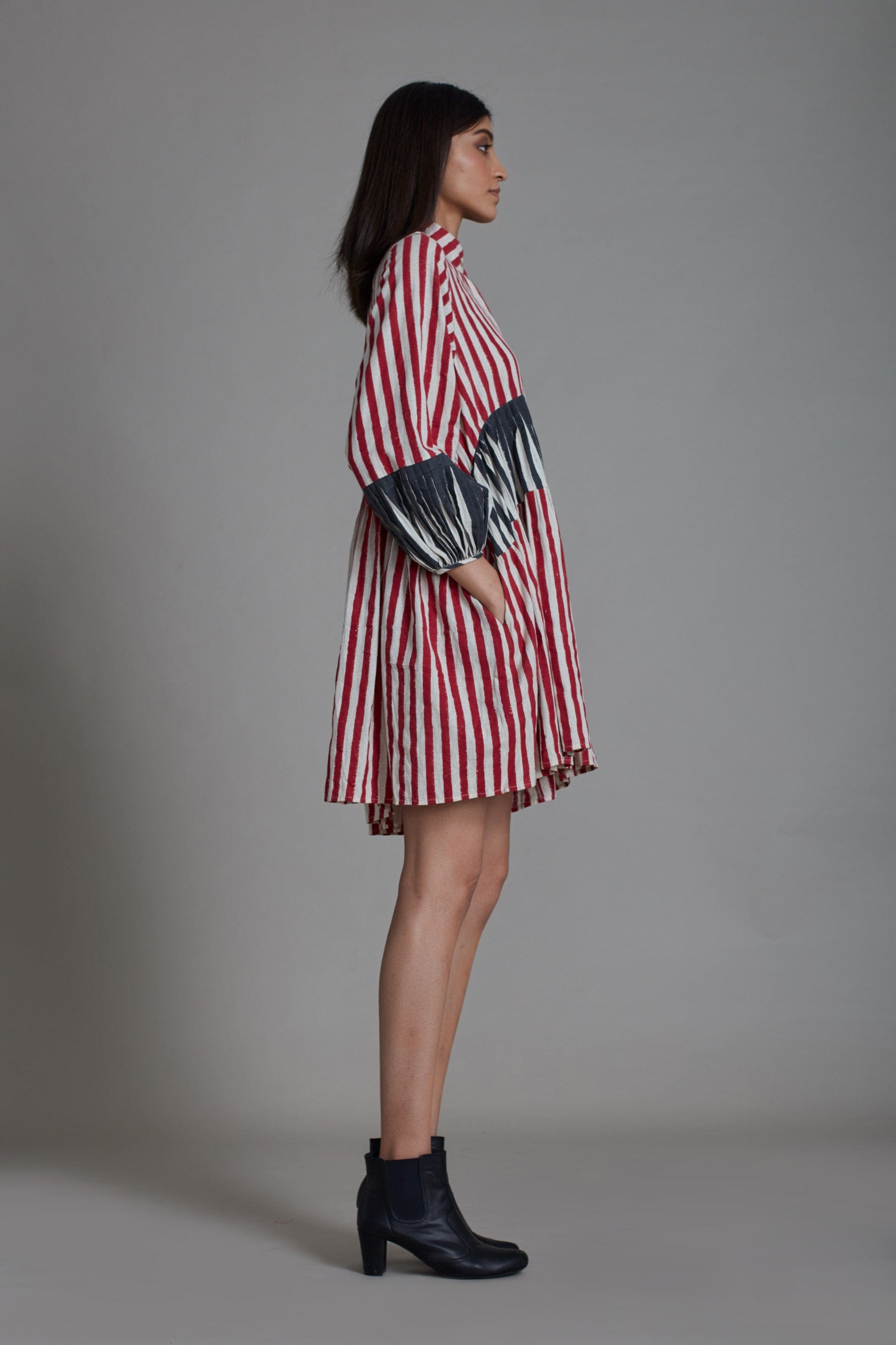 Handcrafted from Handwoven Organic Cotton Striped Red & Black Short Dress for Women by Sustainable Fashion Clothing Label MATI