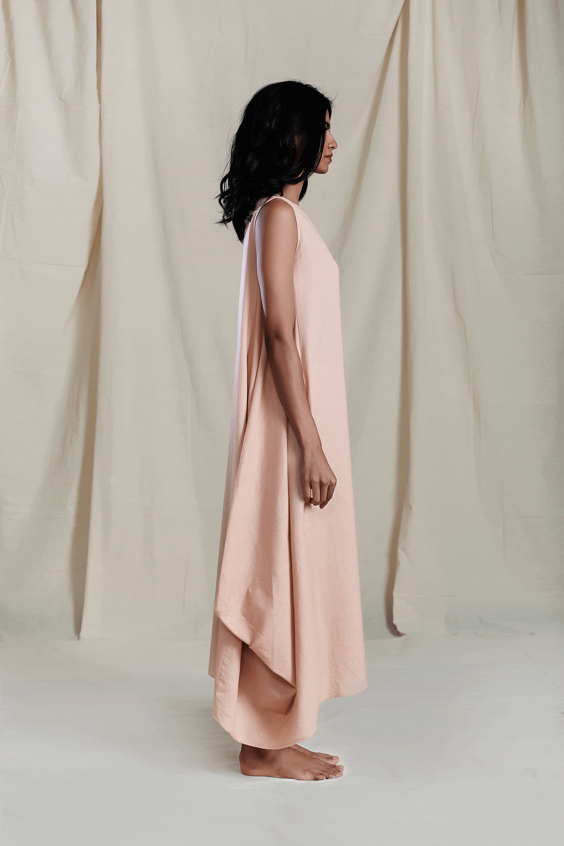 Handcrafted from Handwoven Organic Cotton, Peach Dress for Women by Sustainable Fashion Designer Clothing Label MATI