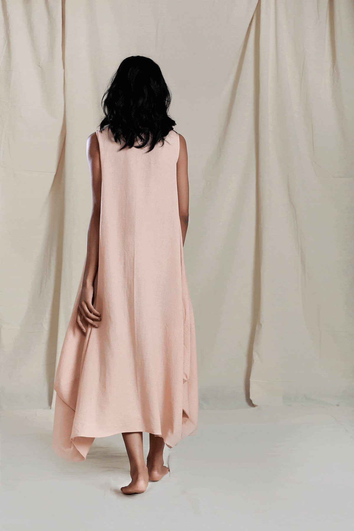Handcrafted from Handwoven Organic Cotton, Peach Dress for Women by Sustainable Fashion Designer Clothing Label MATI