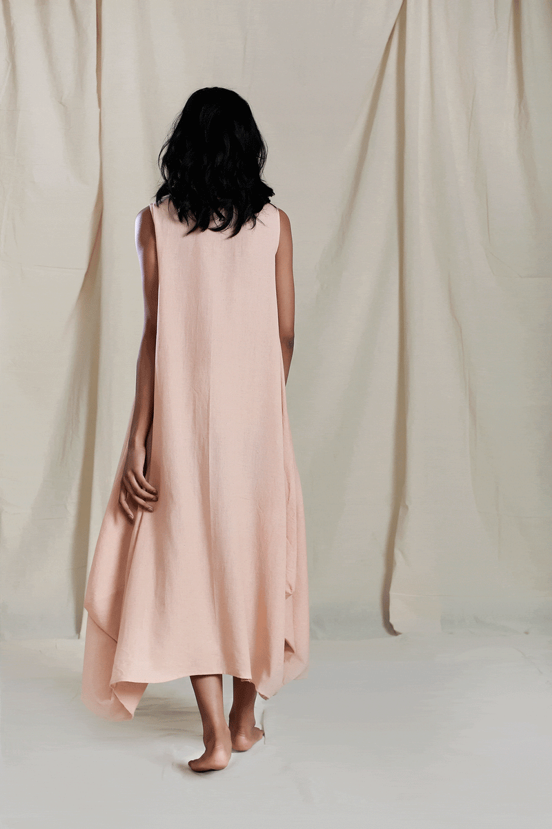 Handcrafted from Handwoven Organic Cotton, Peach Dress for Women by Sustainable Fashion Designer Clothing Label MATI