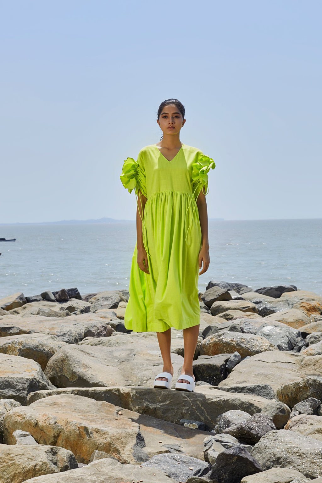 Mati Dresses XS Neon Green Ruffle Sleeve Dress