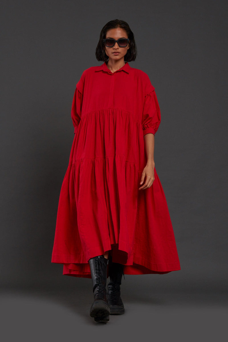 Mati Dresses XS Red Tiered Shirt Dress