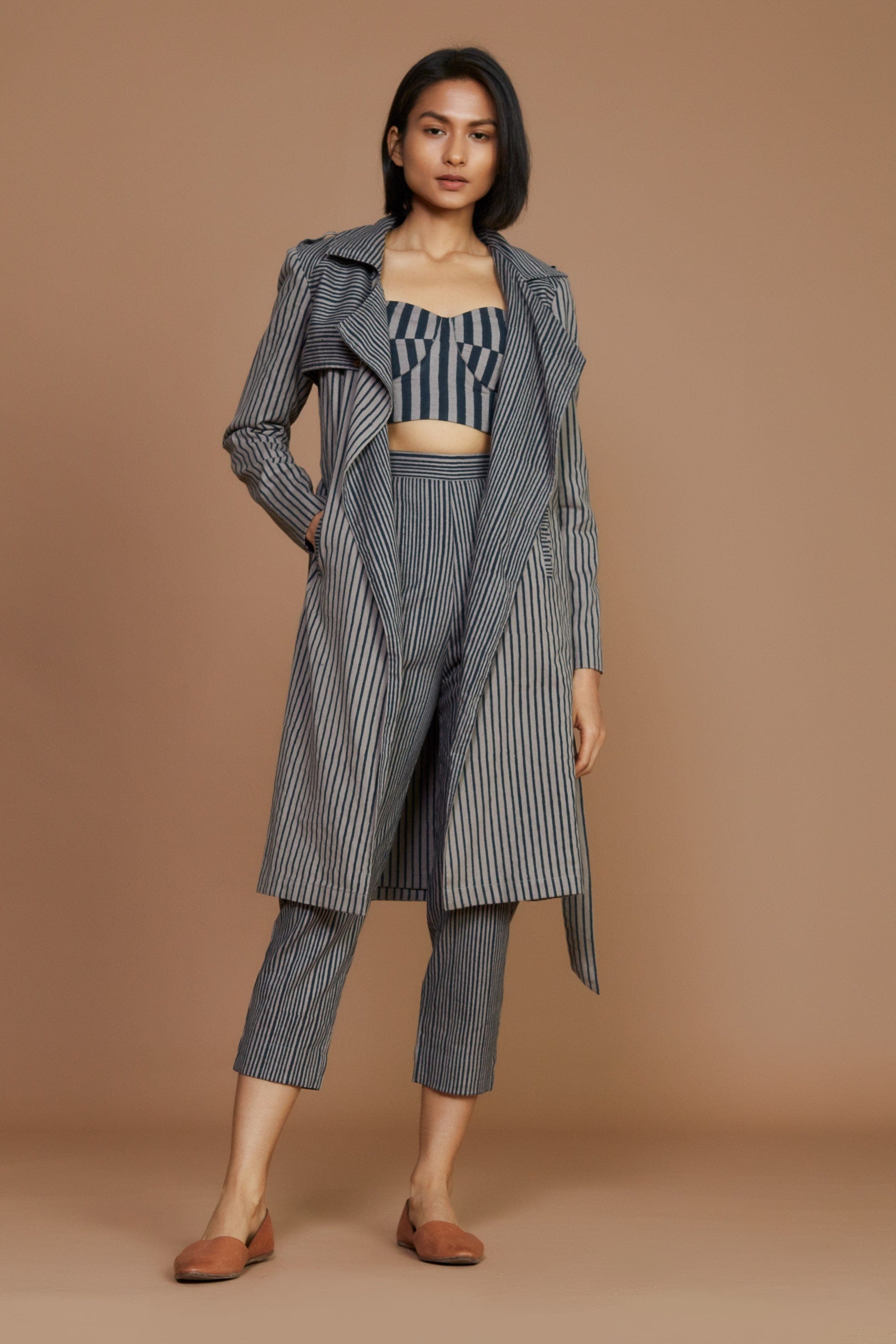 ジャケット・アウター 188 KHOKI M51 Patchwork Coat Gray Stripe Buy Handwoven Pure Cotton Jacket by MATI-Sustainable & Ethical
