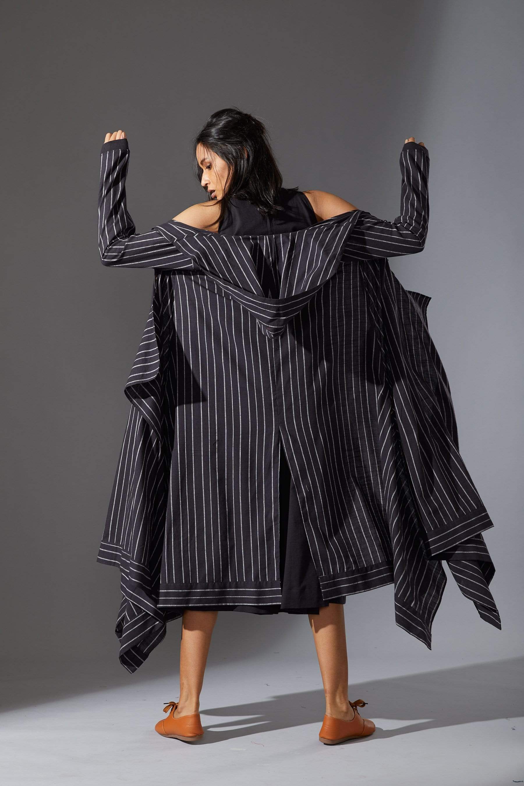 Handcrafted from Handwoven Organic Cotton, Black Dress & Jacket Coord Set for Women by Sustainable Fashion Designer Clothing Label MATI