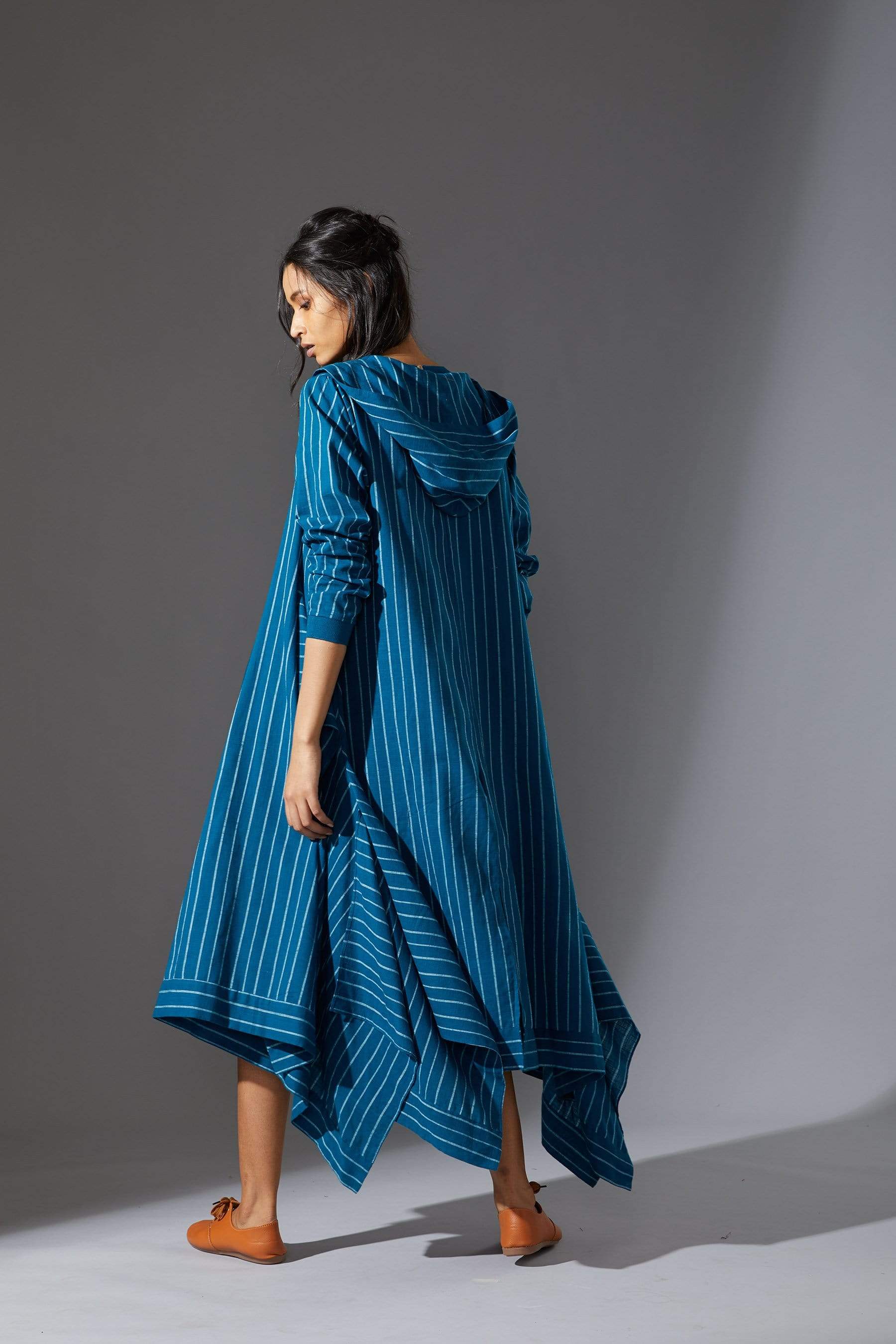 Handcrafted from Handwoven Organic Cotton, Blue Dress & Jacket Coord Set for Women by Sustainable Fashion Designer Clothing Label MATI