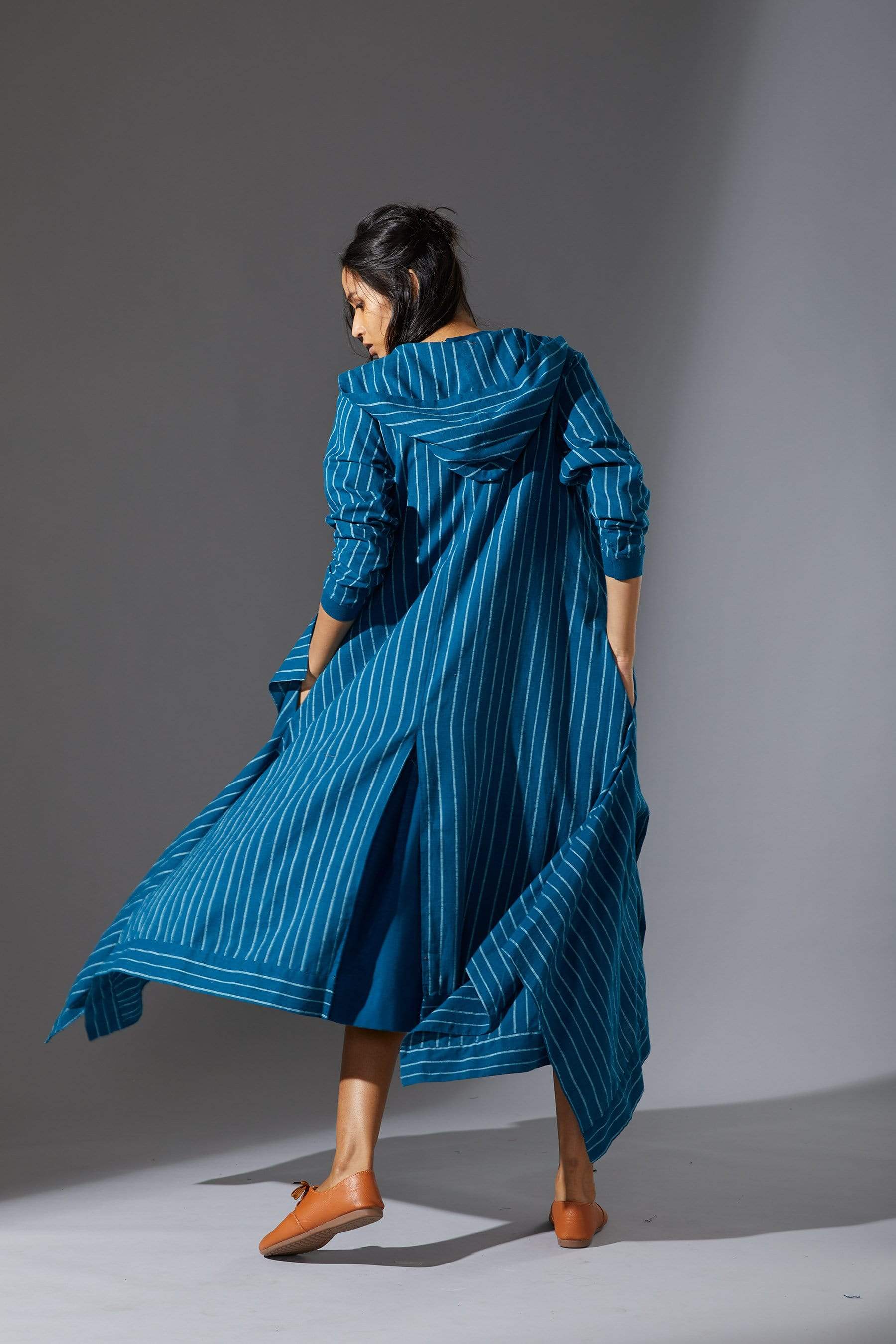 Handcrafted from Handwoven Organic Cotton, Blue Dress & Jacket Coord Set for Women by Sustainable Fashion Designer Clothing Label MATI