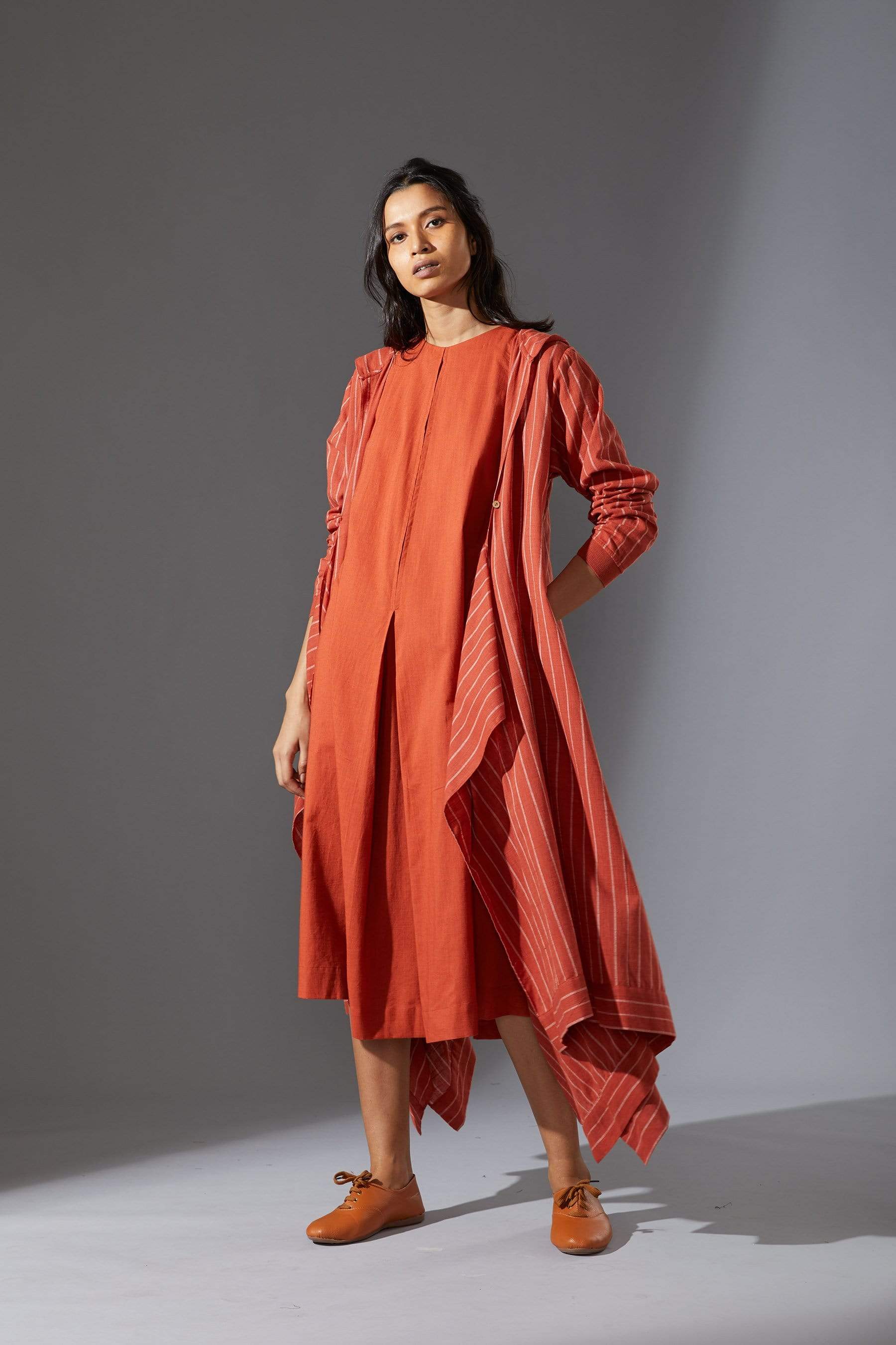 Handcrafted from Handwoven Organic Cotton, Rust Dress & Jacket Coord Set for Women by Sustainable Fashion Designer Clothing Label MATI
