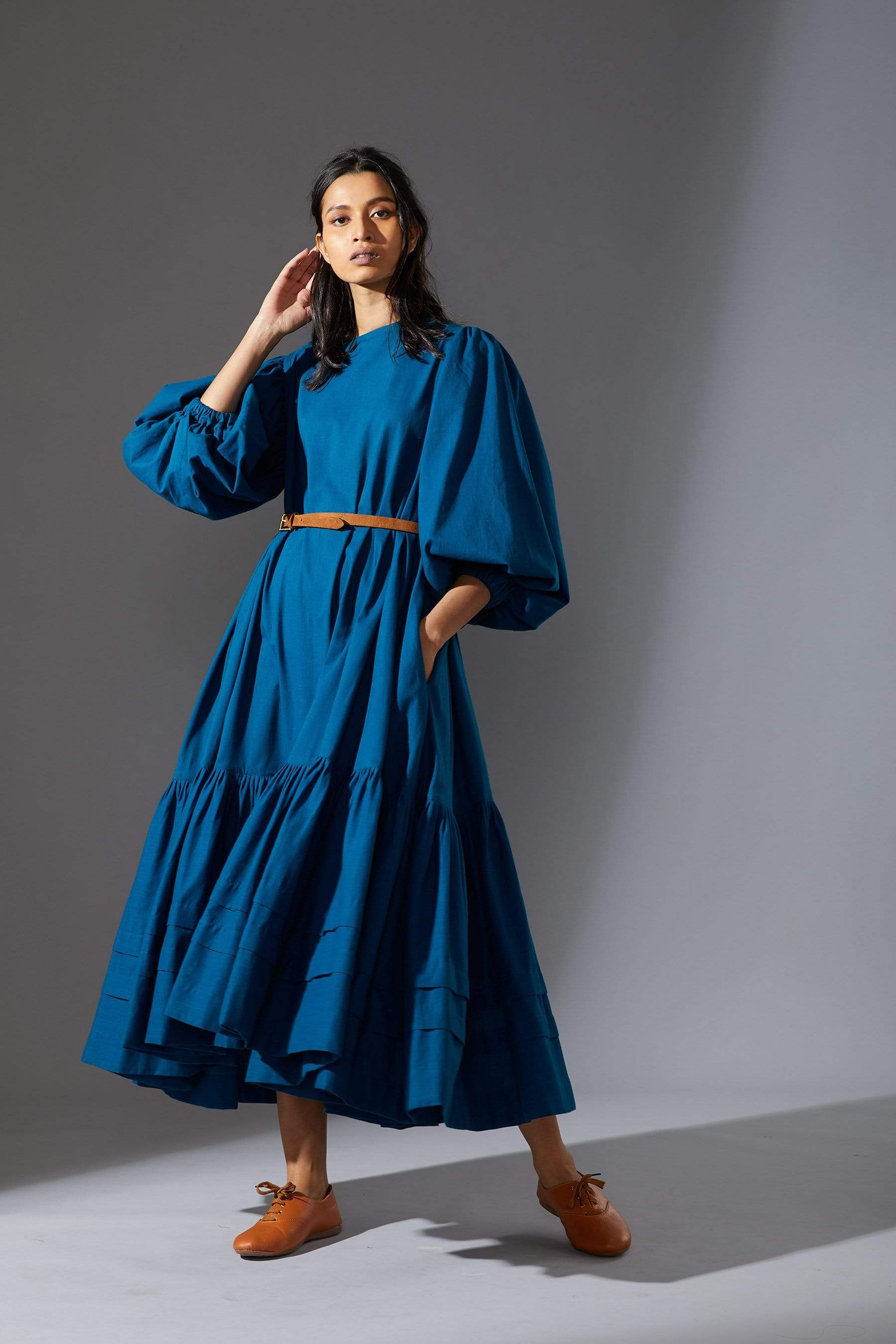 Belt styled view of MATI Kaavya Blue Dress — handwoven cotton, swishy asymmetric hem