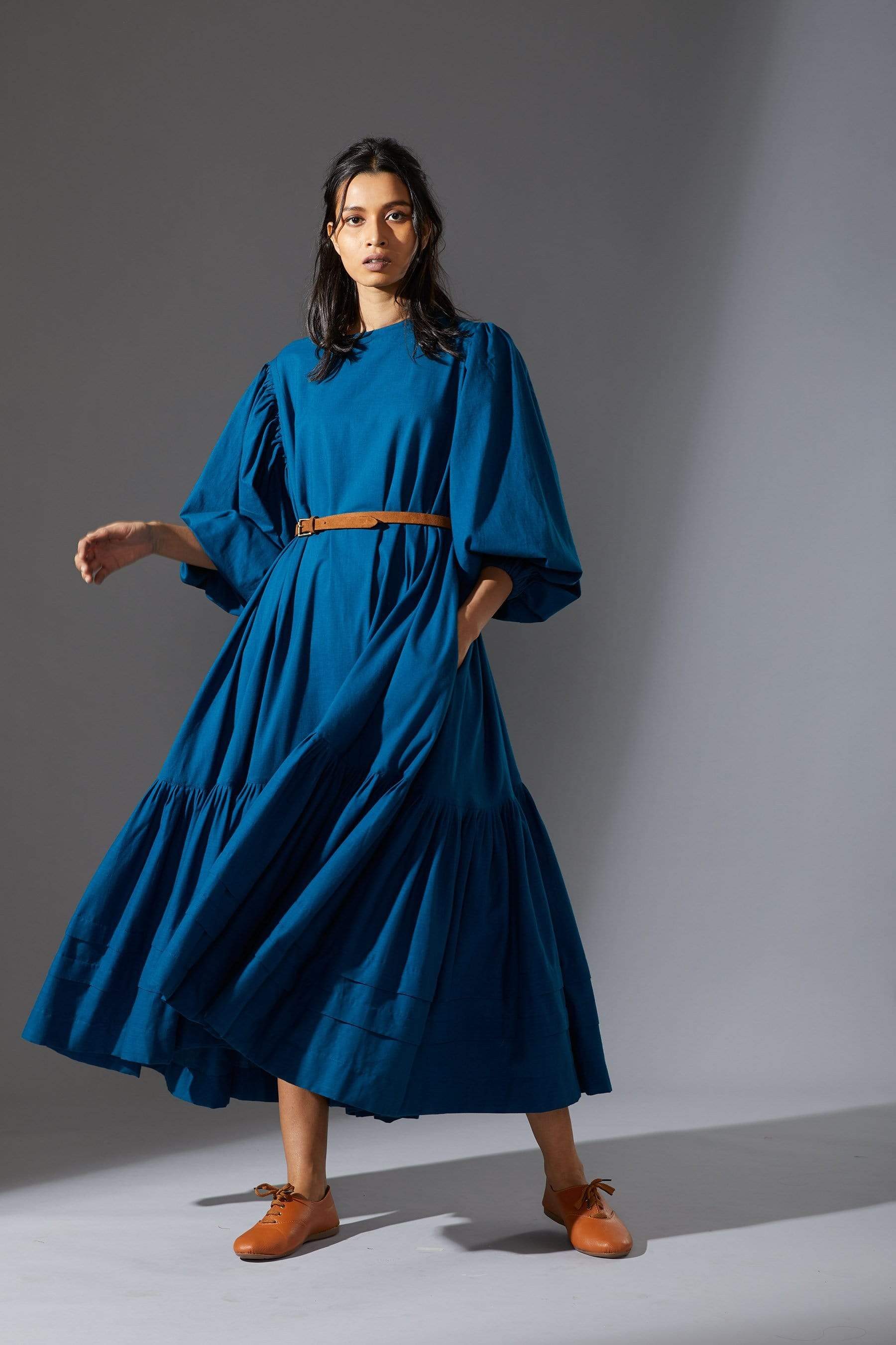 Front view of MATI Kaavya Blue Dress — handwoven cotton slub with voluminous blouson sleeves
