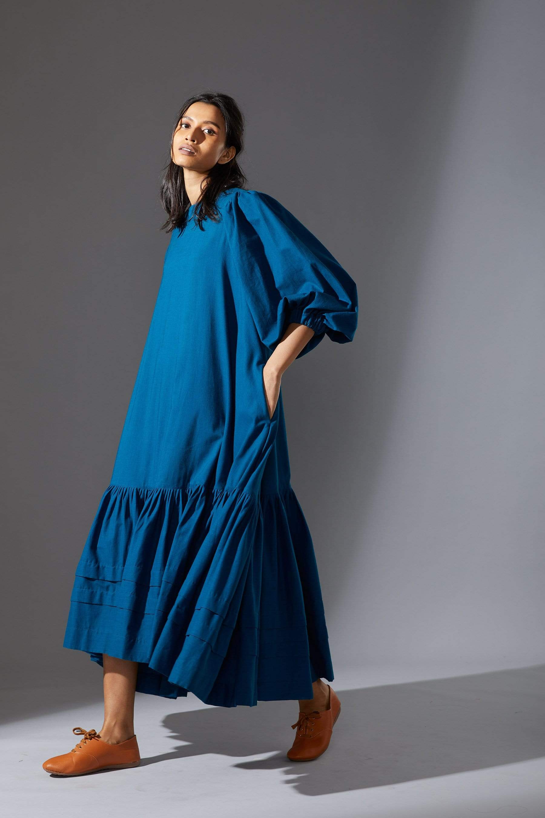 Full-length view of MATI Kaavya Blue Dress — loose fit, asymmetric hem