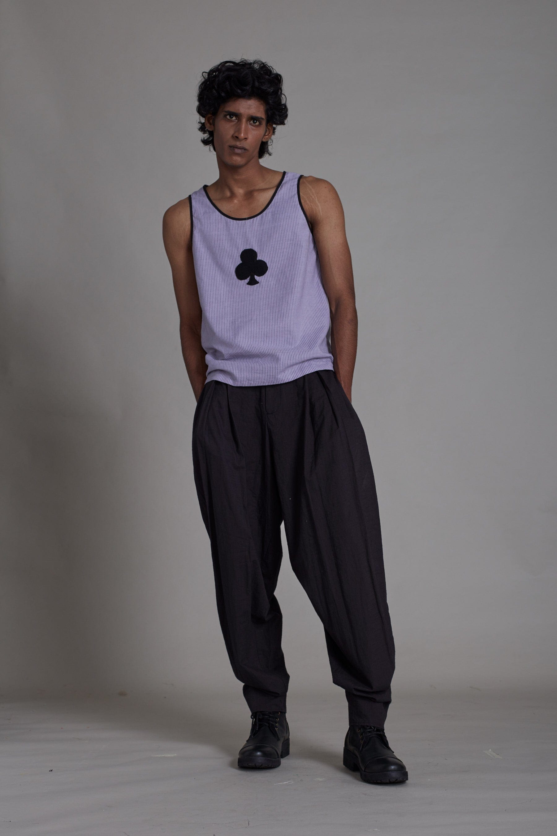 Mati Men's Lavender Embroidered Striped Cotton Tank Top – Front View