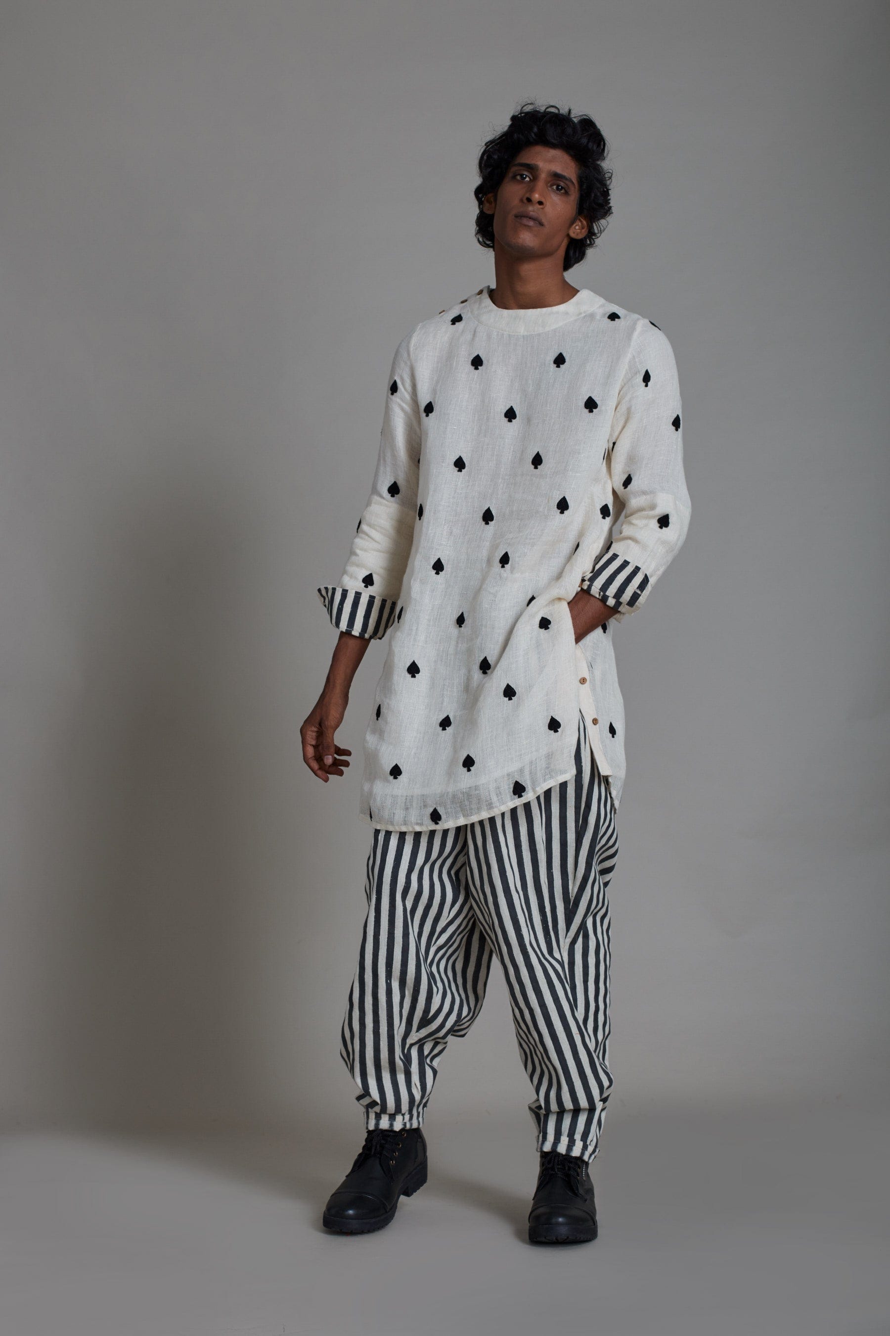 Men's oatmeal linen kurta with thread embroidery – front view – MATI