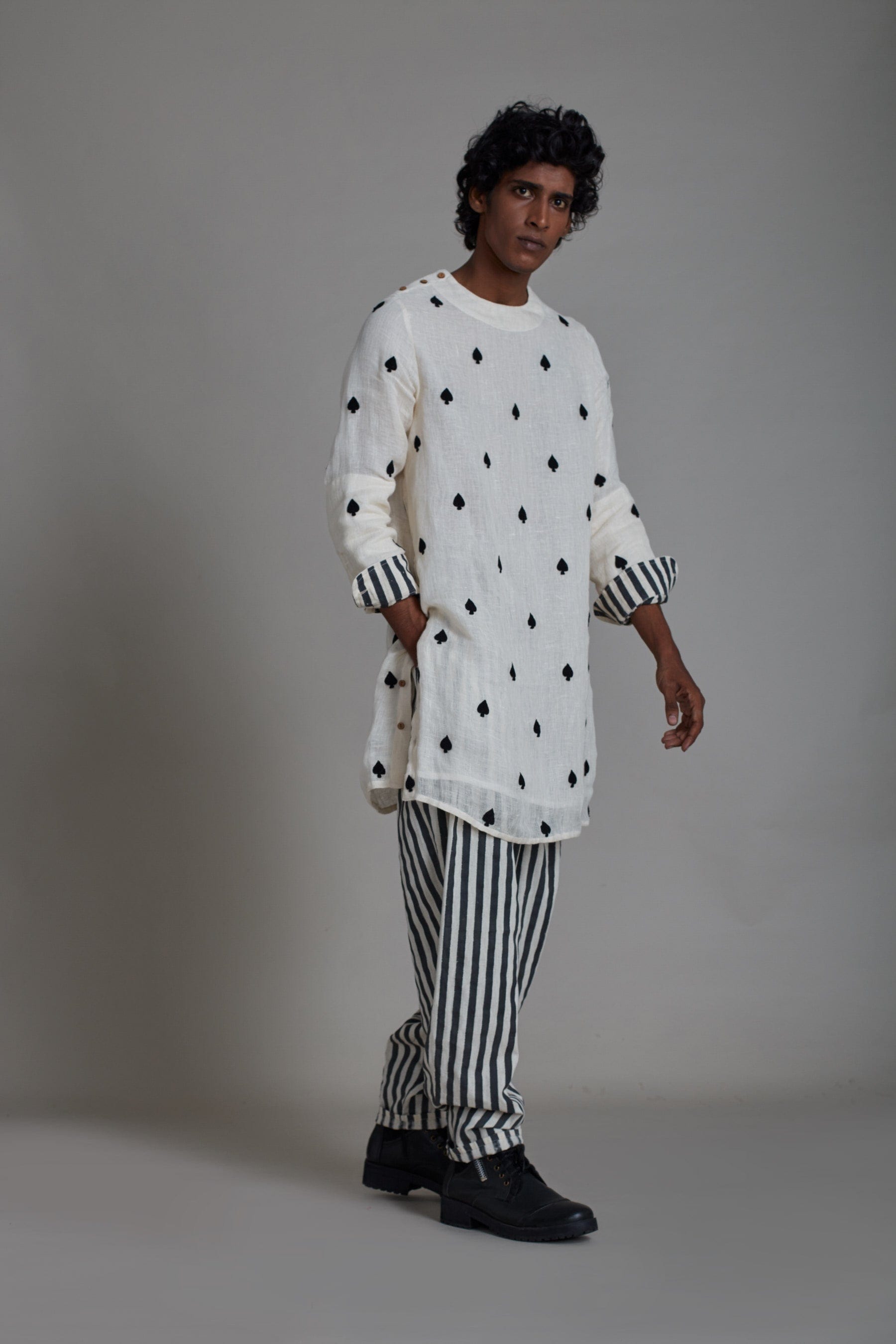 Side button detail on oatmeal linen kurta for men by MATI