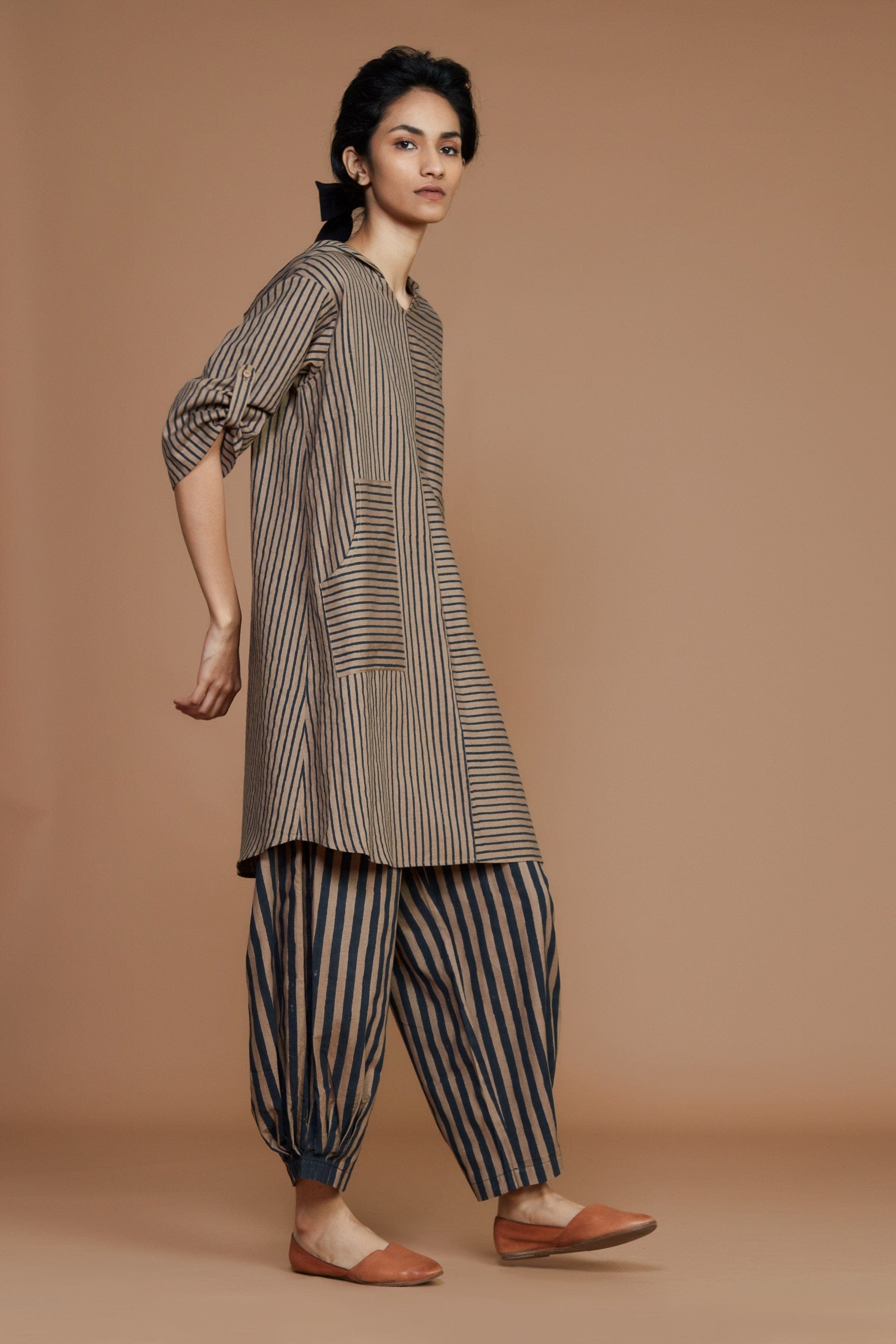 Handcrafted from Handwoven Organic Cotton, Striped Brown Hooded Coord Set for Women by Sustainable Fashion Designer Clothing Label MATI