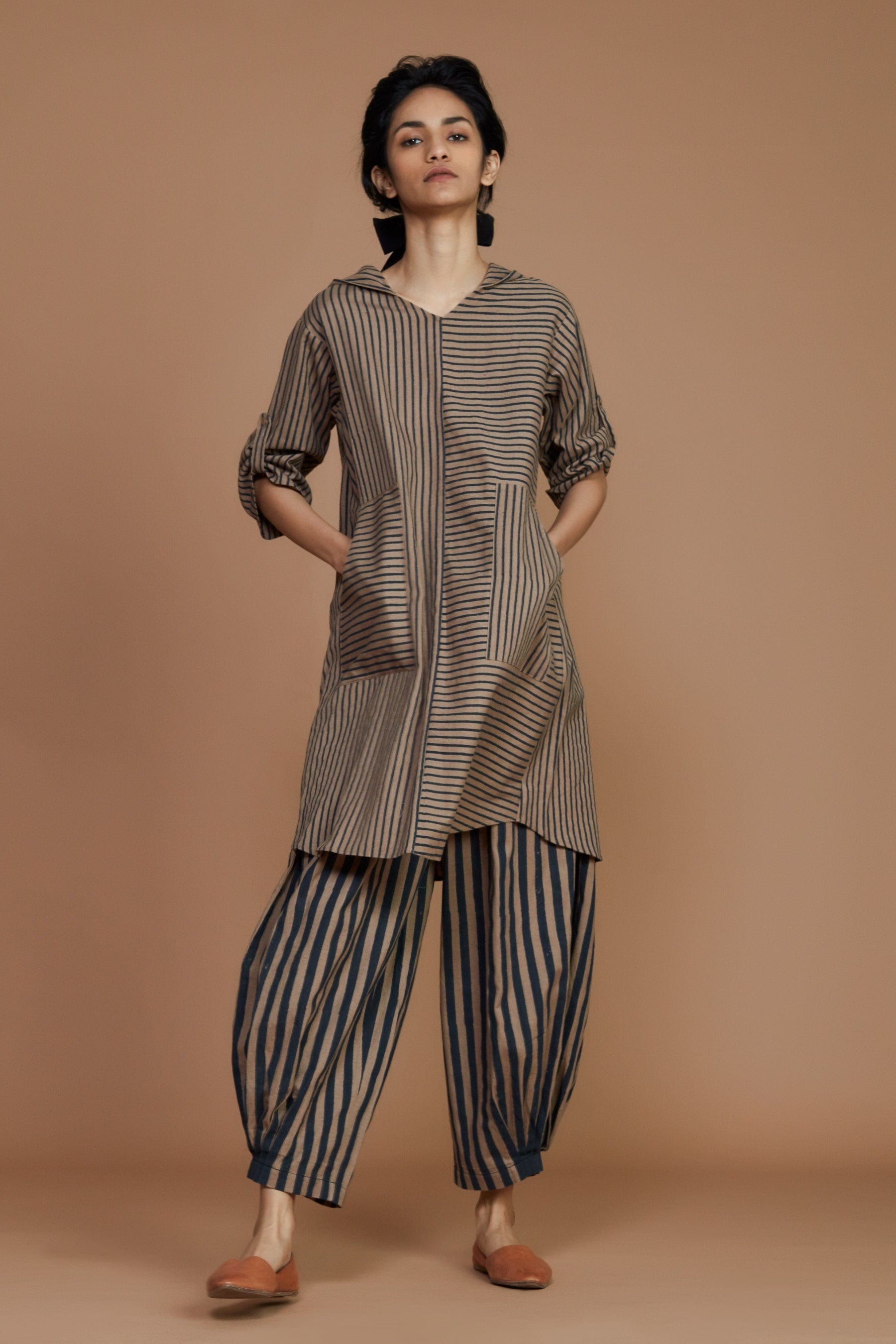 Handcrafted from Handwoven Organic Cotton, Striped Brown Hooded Coord Set for Women by Sustainable Fashion Designer Clothing Label MATI