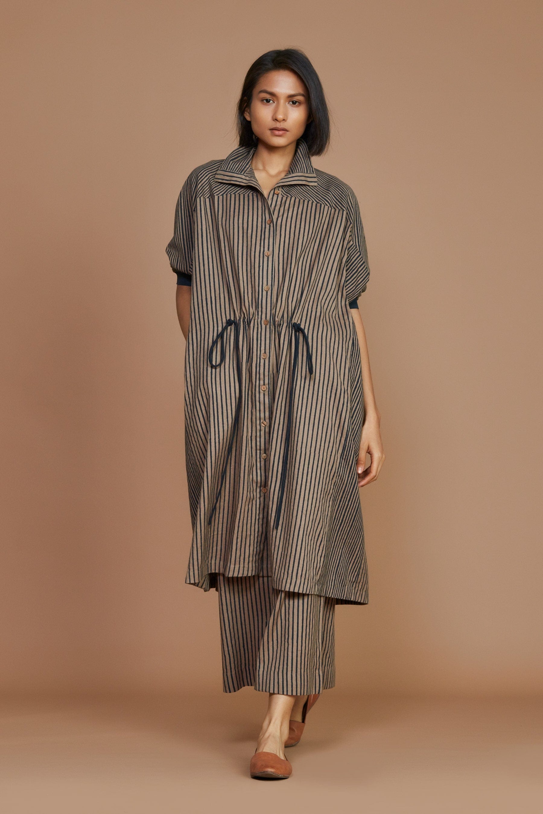 Handcrafted from Handwoven Organic Cotton, Striped Brown Kaftan Coord Set for Women by Sustainable Fashion Designer Clothing Label MATI