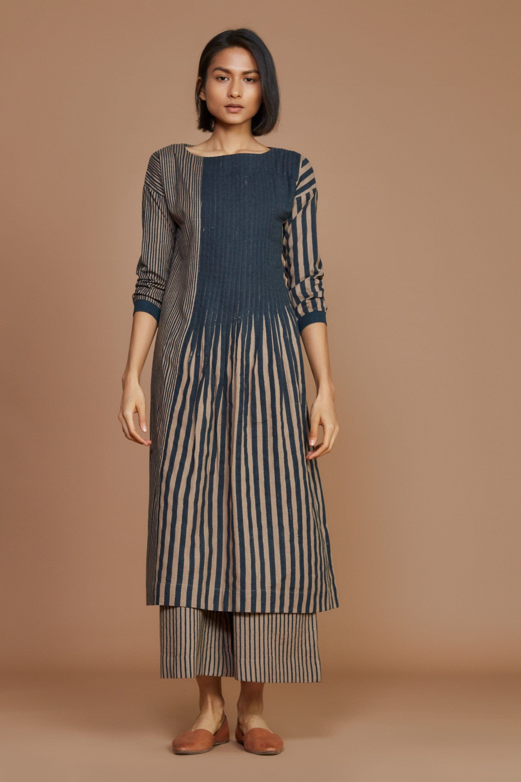 Handmade from Handwoven Organic Cotton, Striped Pleated Brown Coord Set for Women by Sustainable Fashion Designer Clothing Label MATI