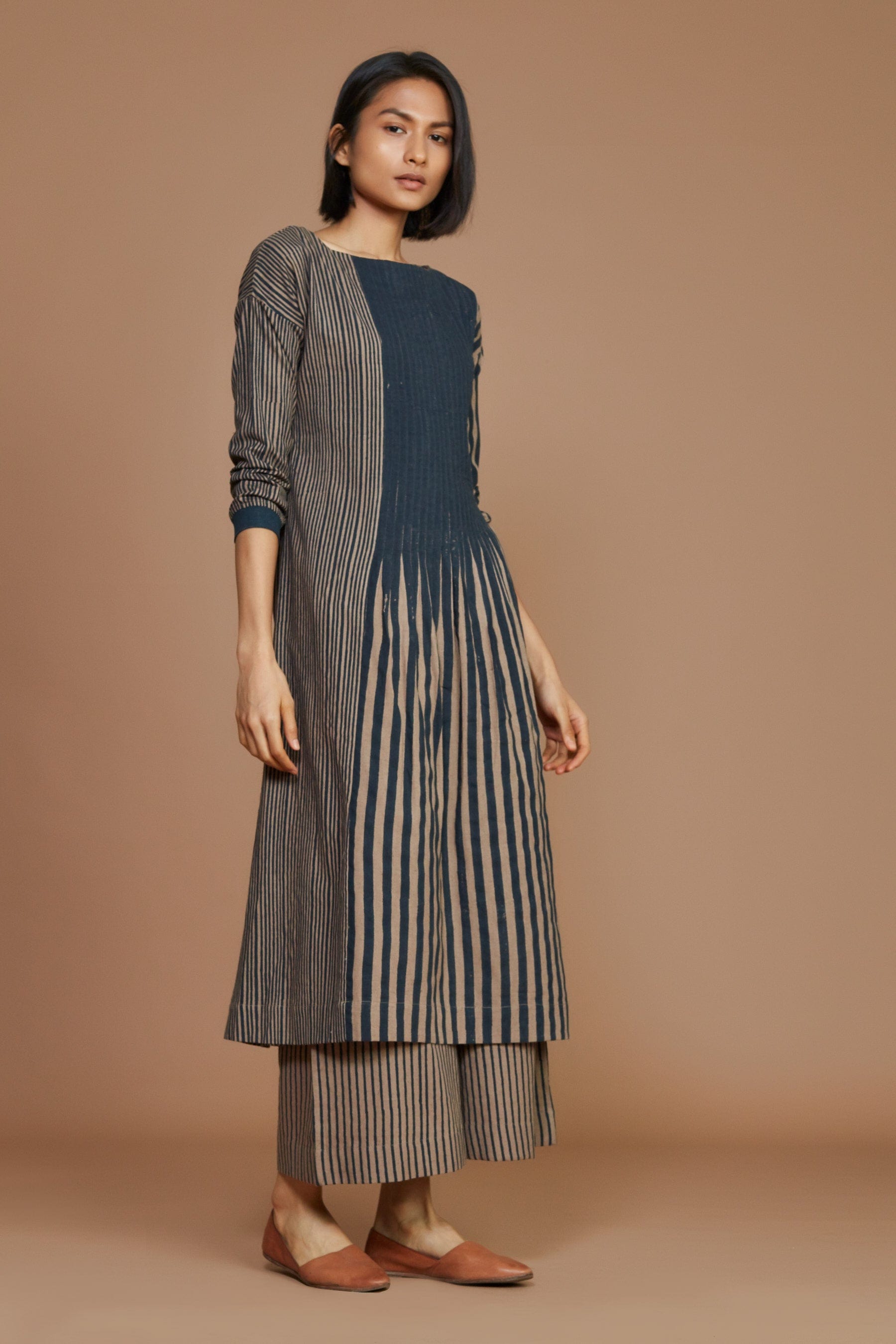 Handmade from Handwoven Organic Cotton, Striped Pleated Brown Coord Set for Women by Sustainable Fashion Designer Clothing Label MATI