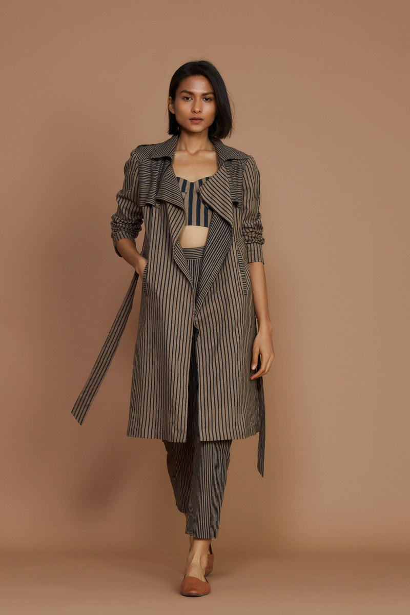 Mati Outfit Sets Brown with Charcoal Striped Trench & Corset Co-Ord Set (3 pcs)