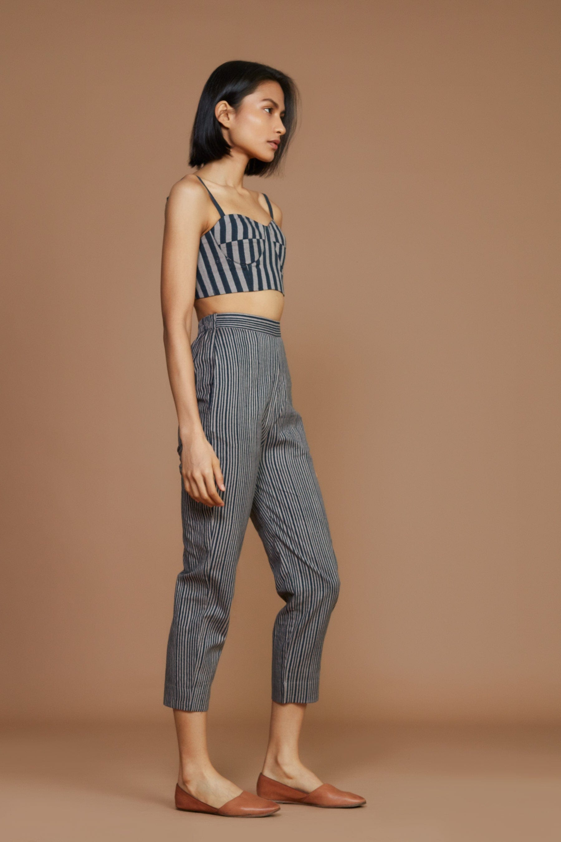 Handcrafted from Handwoven Organic Cotton, Striped Gray Coord Set for Women by Sustainable Fashion Designer Clothing Label MATI