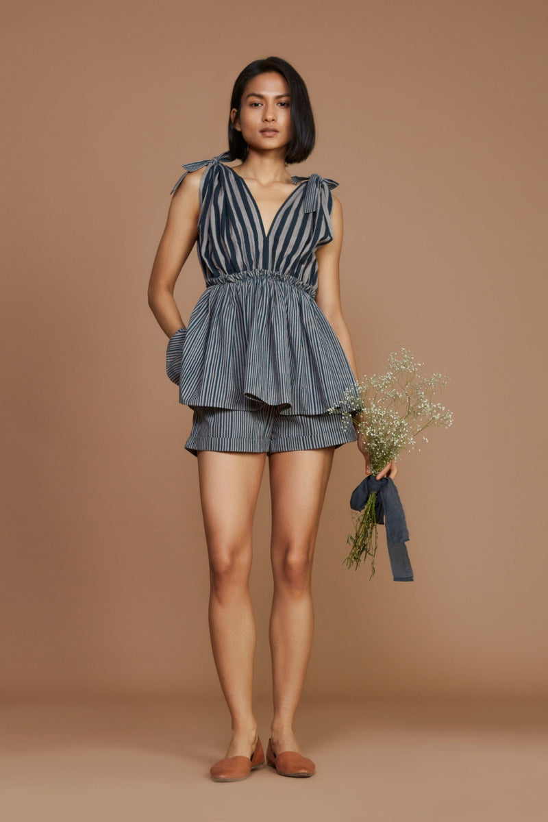 Mati Outfit Sets Grey with Charcoal Striped Frill Top and Shorts Co-Ord Set