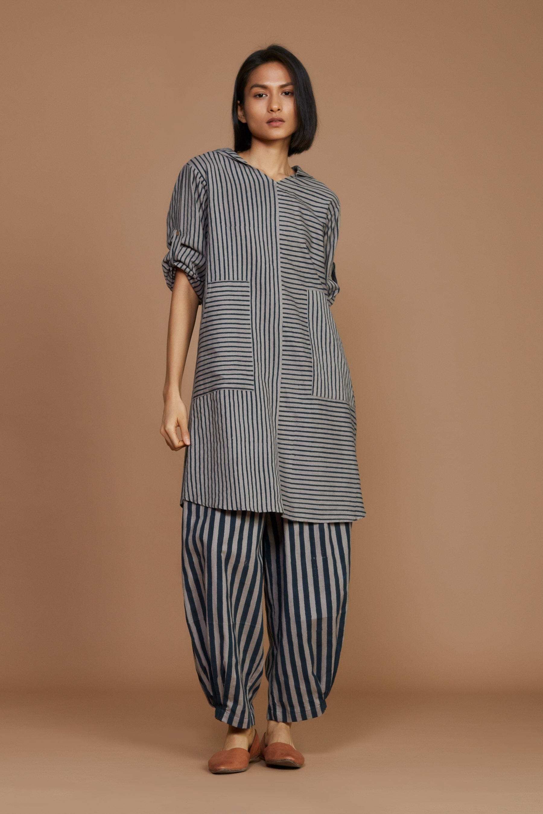 Handcrafted from Handwoven Organic Cotton, Striped Gray Hooded Coord Set for Women by Sustainable Fashion Designer Clothing Label MATI