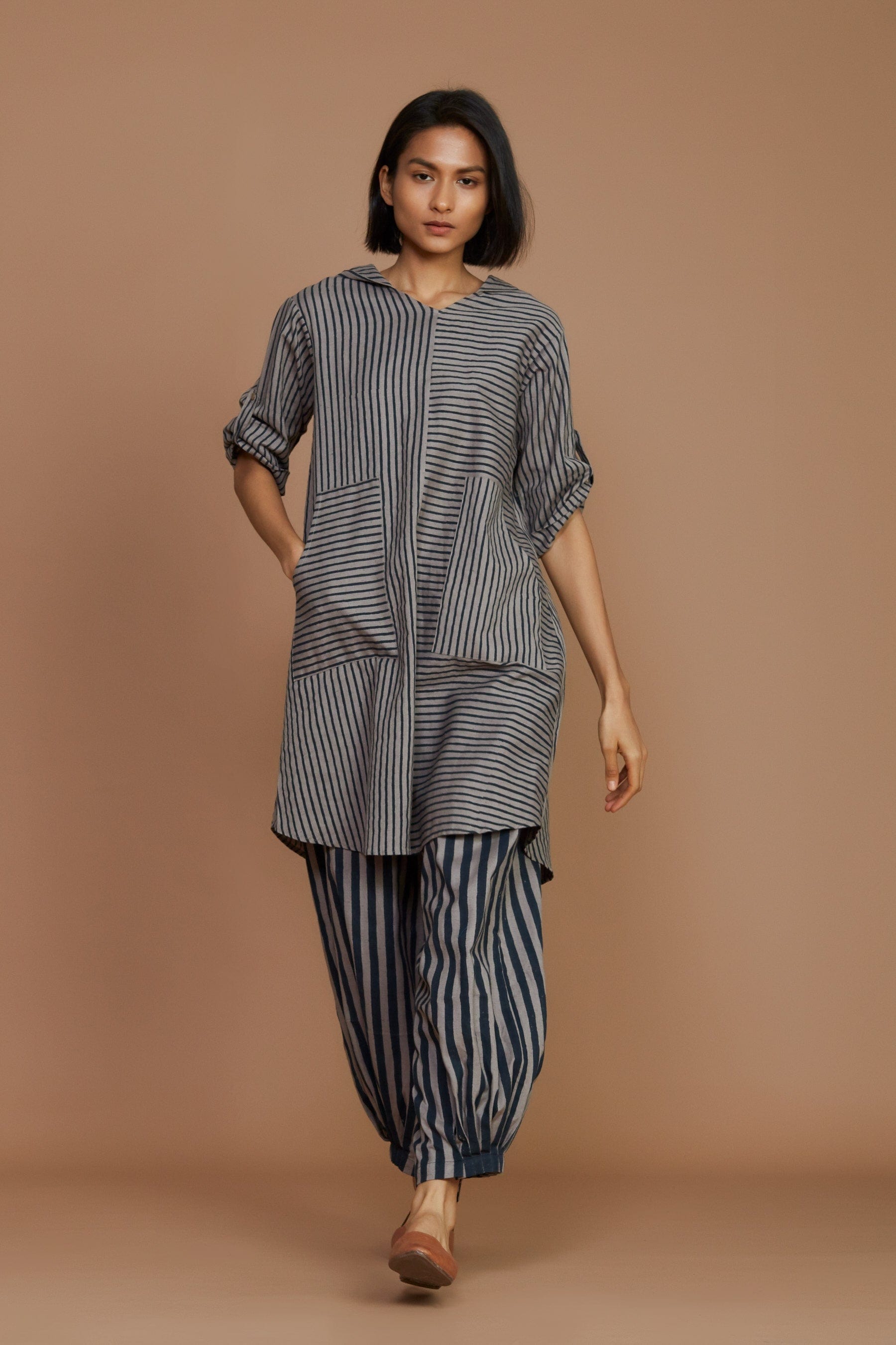 Handcrafted from Handwoven Organic Cotton, Striped Gray Hooded Coord Set for Women by Sustainable Fashion Designer Clothing Label MATI