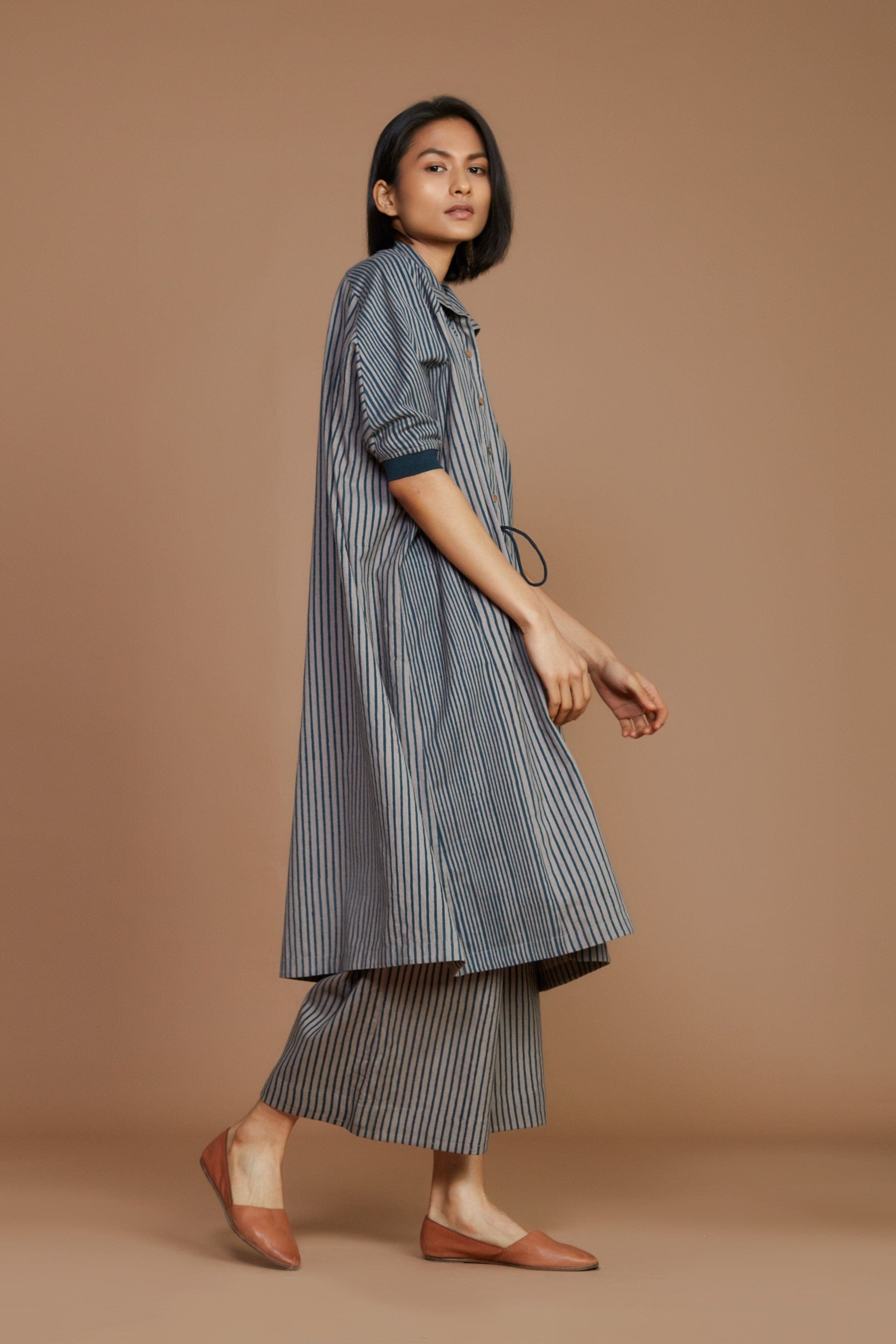 Handmade from Handwoven Organic Cotton, Striped Gray Kaftan Coord Set for Women by Sustainable Fashion Designer Clothing Label MATI