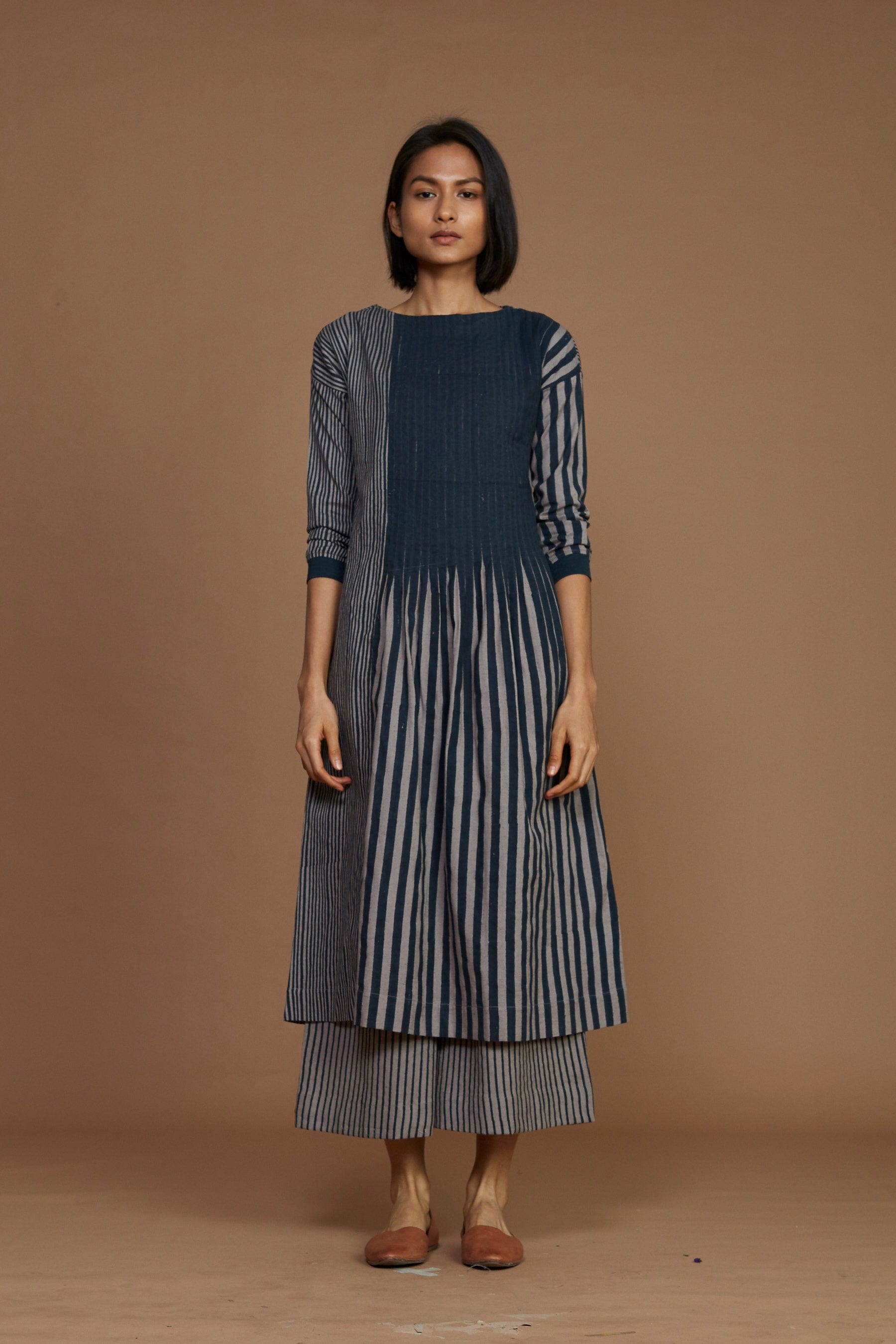 Handmade from Handwoven Organic Cotton, Striped Pleated Gray Coord Set for Women by Sustainable Fashion Designer Clothing Label MATI