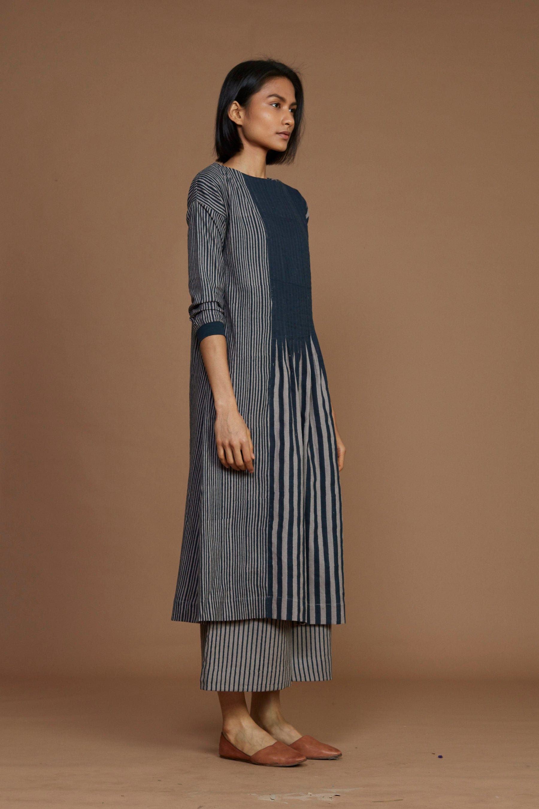 Handmade from Handwoven Organic Cotton, Striped Pleated Gray Coord Set for Women by Sustainable Fashion Designer Clothing Label MATI