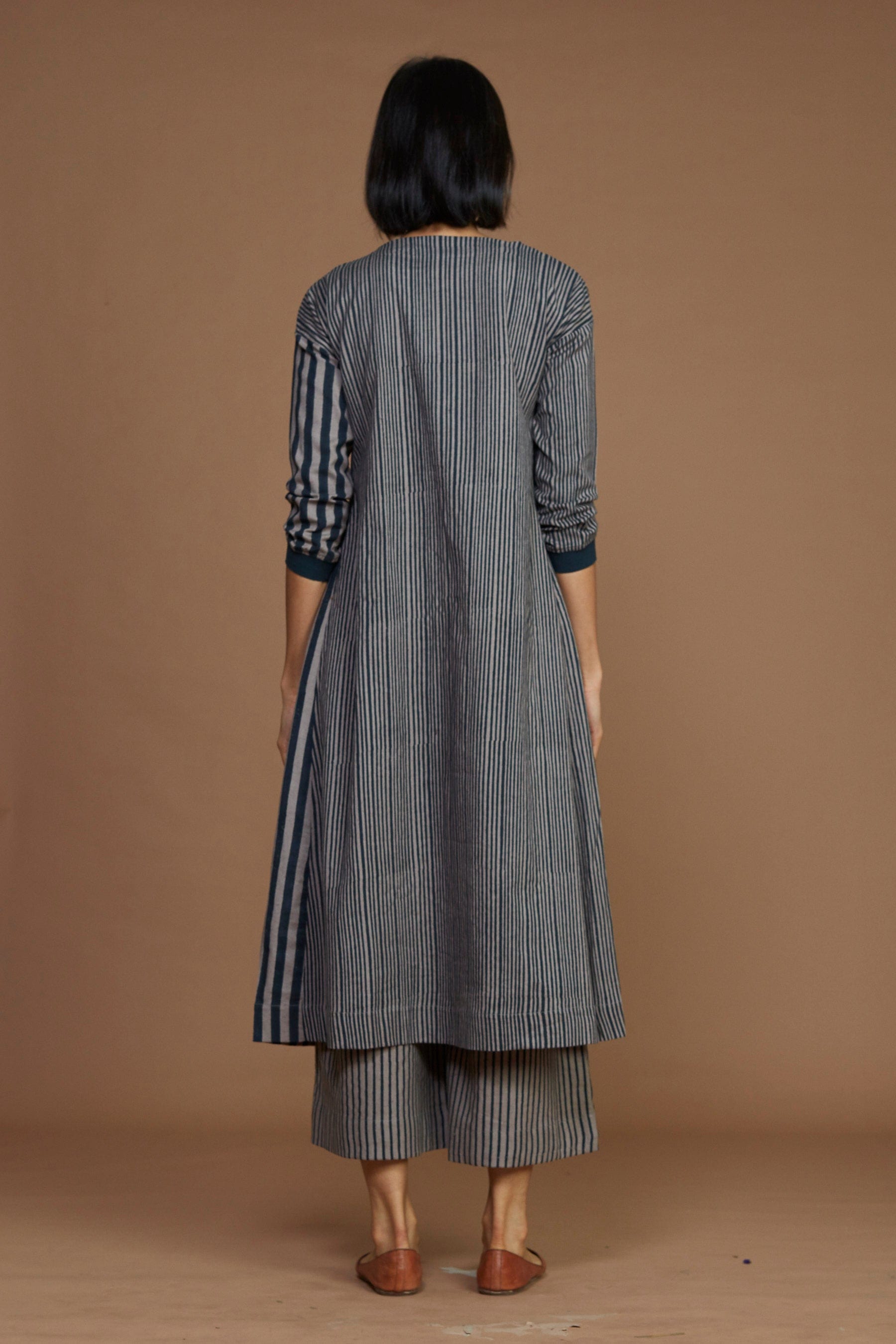 Handmade from Handwoven Organic Cotton, Striped Pleated Gray Coord Set for Women by Sustainable Fashion Designer Clothing Label MATI