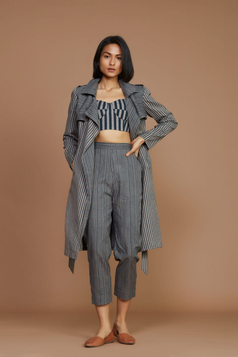 Mati Outfit Sets Grey with Charcoal Striped Trench & Corset Co-Ord Set (3 pcs)