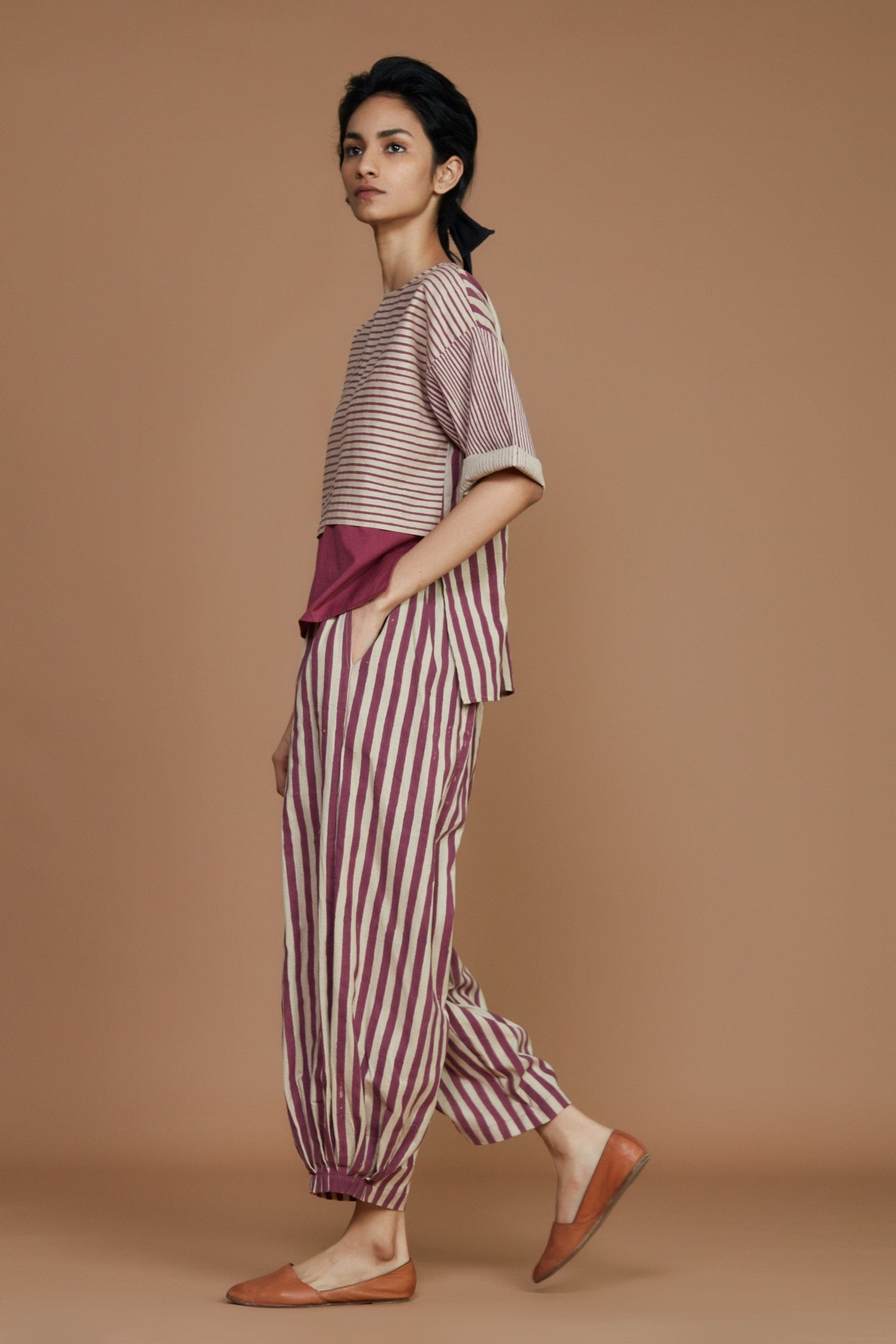 Handmade from Handwoven Organic Cotton, Striped Mauve Coord Set for Women by Sustainable Fashion Designer Clothing Label MATI