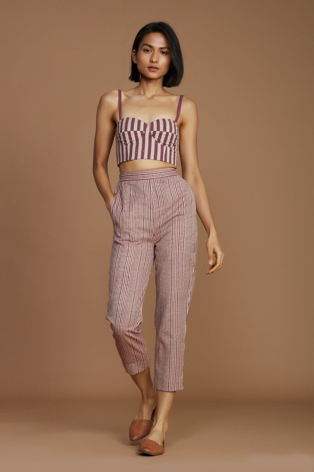 Mati Outfit Sets Ivory with Mauve Striped Corset & Pant Co-Ord Set(2 pcs)
