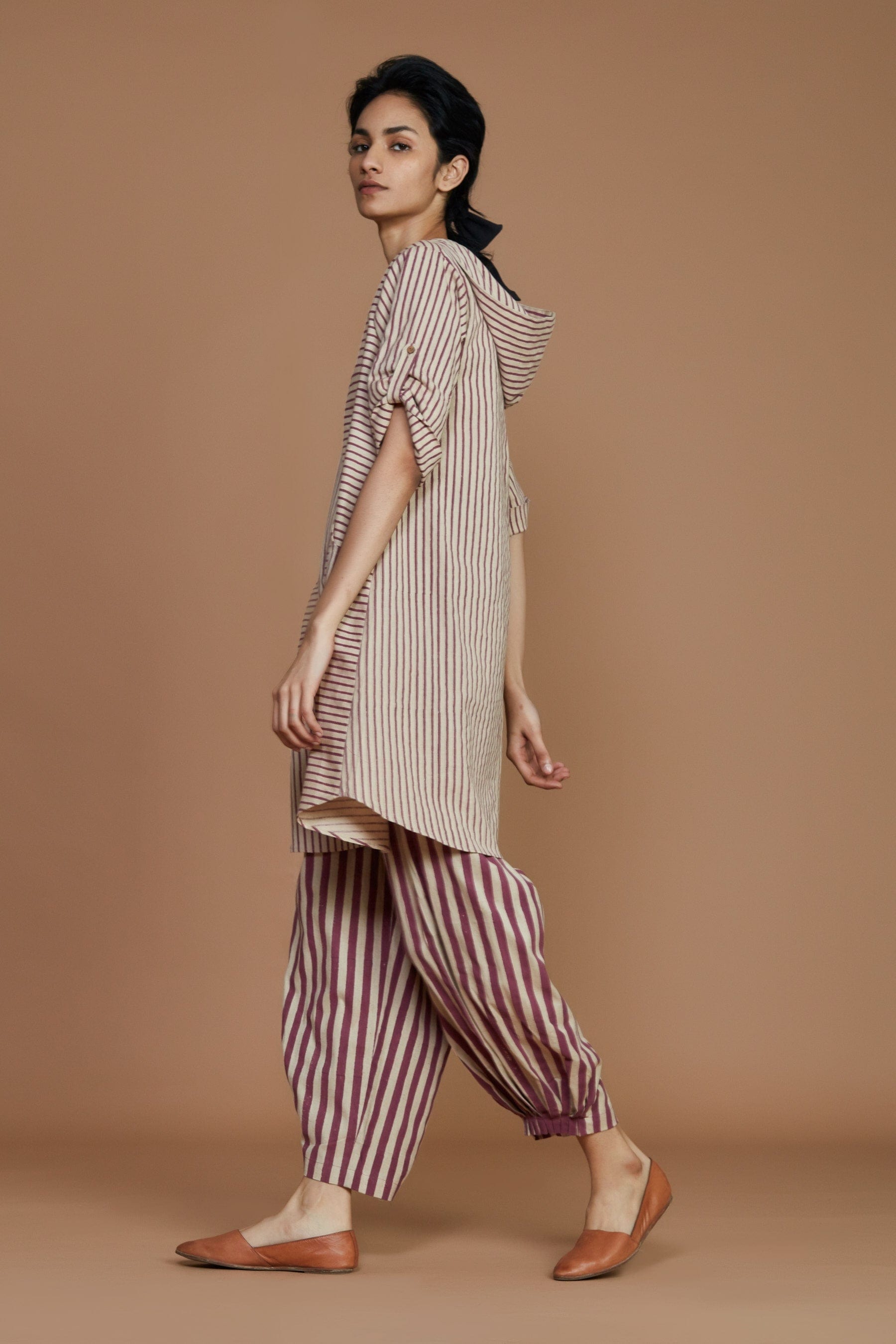 Handcrafted from Handwoven Organic Cotton, Striped Mauve Hooded Coord Set for Women by Sustainable Fashion Designer Clothing Label MATI