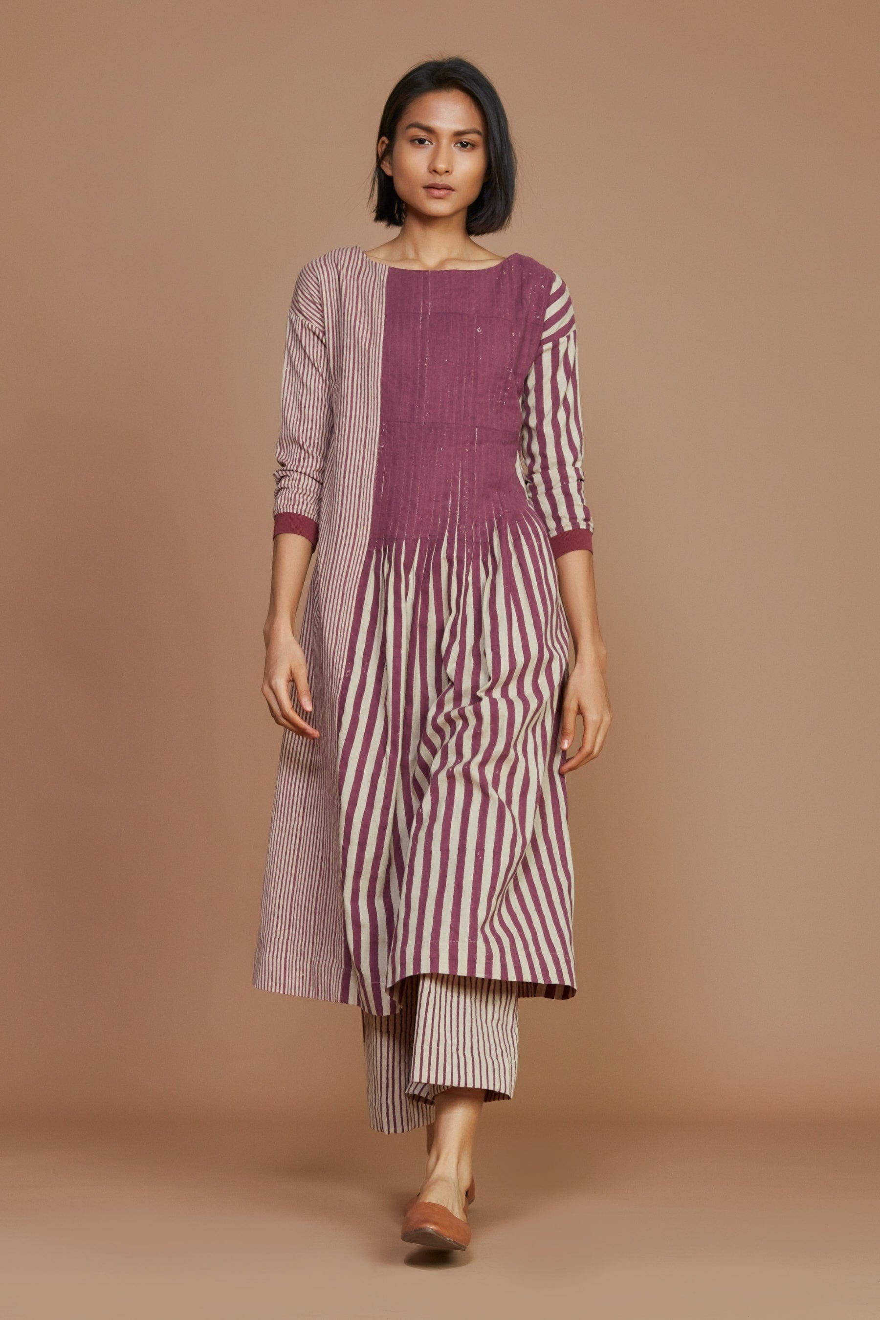 Handmade from Handwoven Organic Cotton, Striped Pleated Mauve Coord Set for Women by Sustainable Fashion Designer Clothing Label MATI