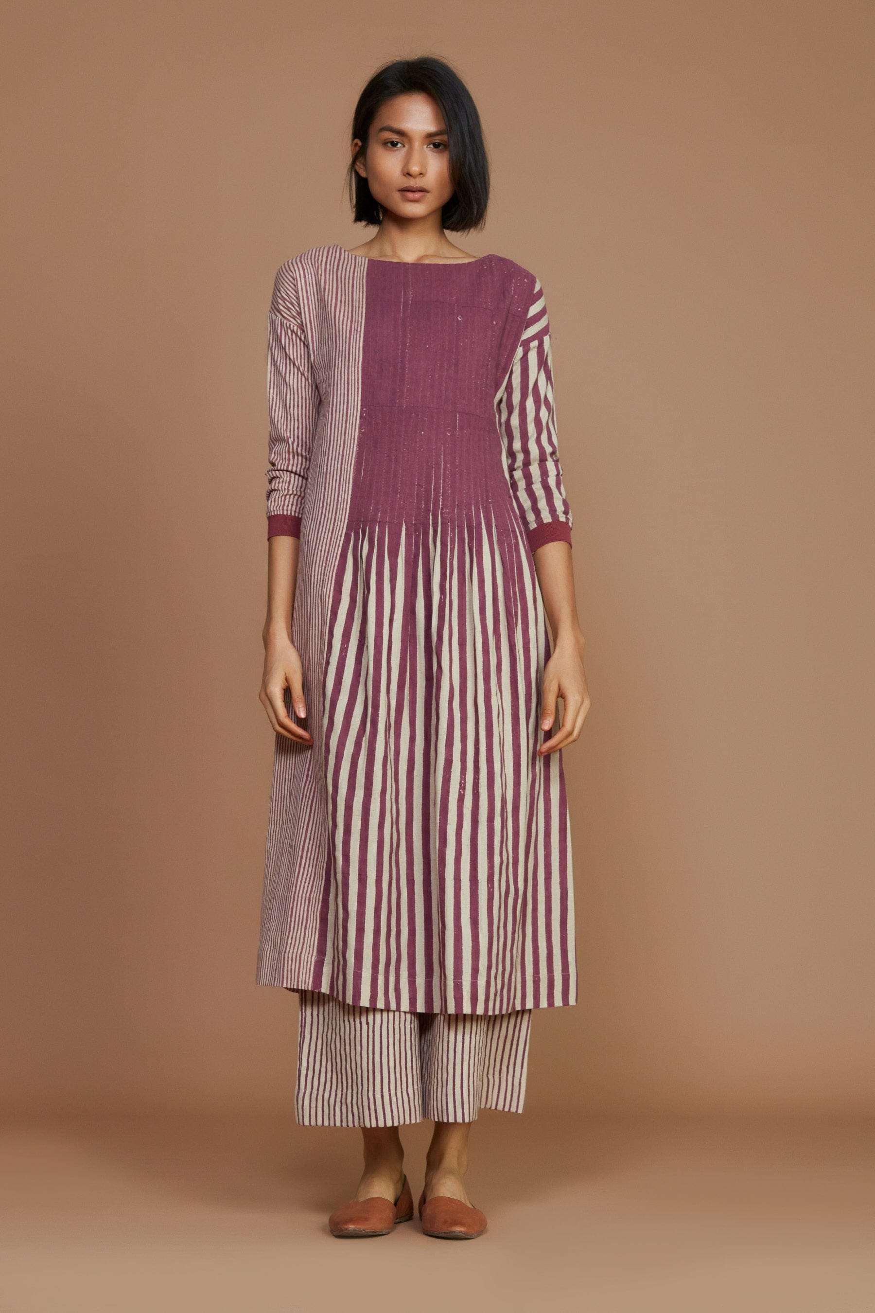 Handmade from Handwoven Organic Cotton, Striped Pleated Mauve Coord Set for Women by Sustainable Fashion Designer Clothing Label MATI